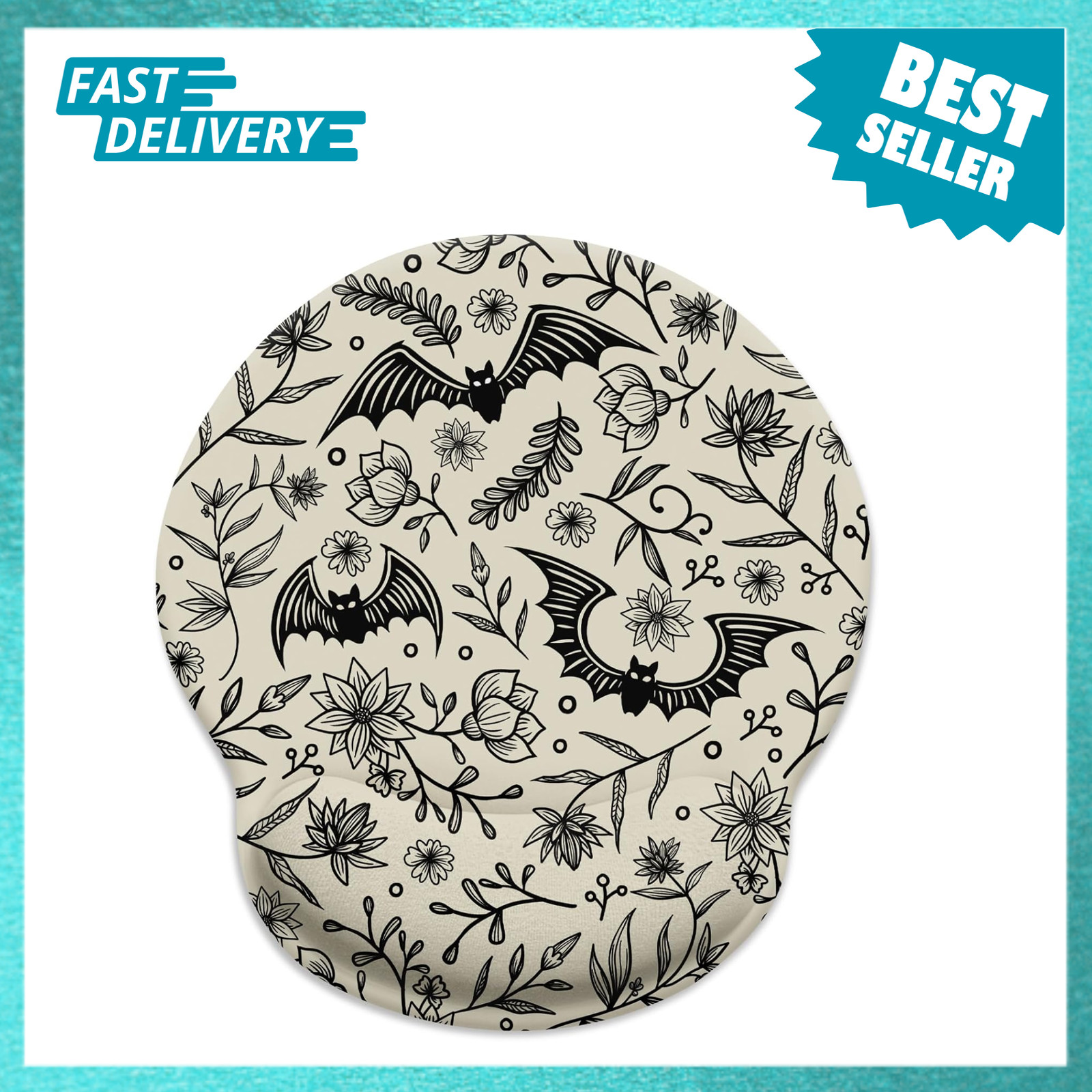Goth Mouse Pad with Gel Wrist Rest Vintage Bat Floral Ergonomic Office Desk