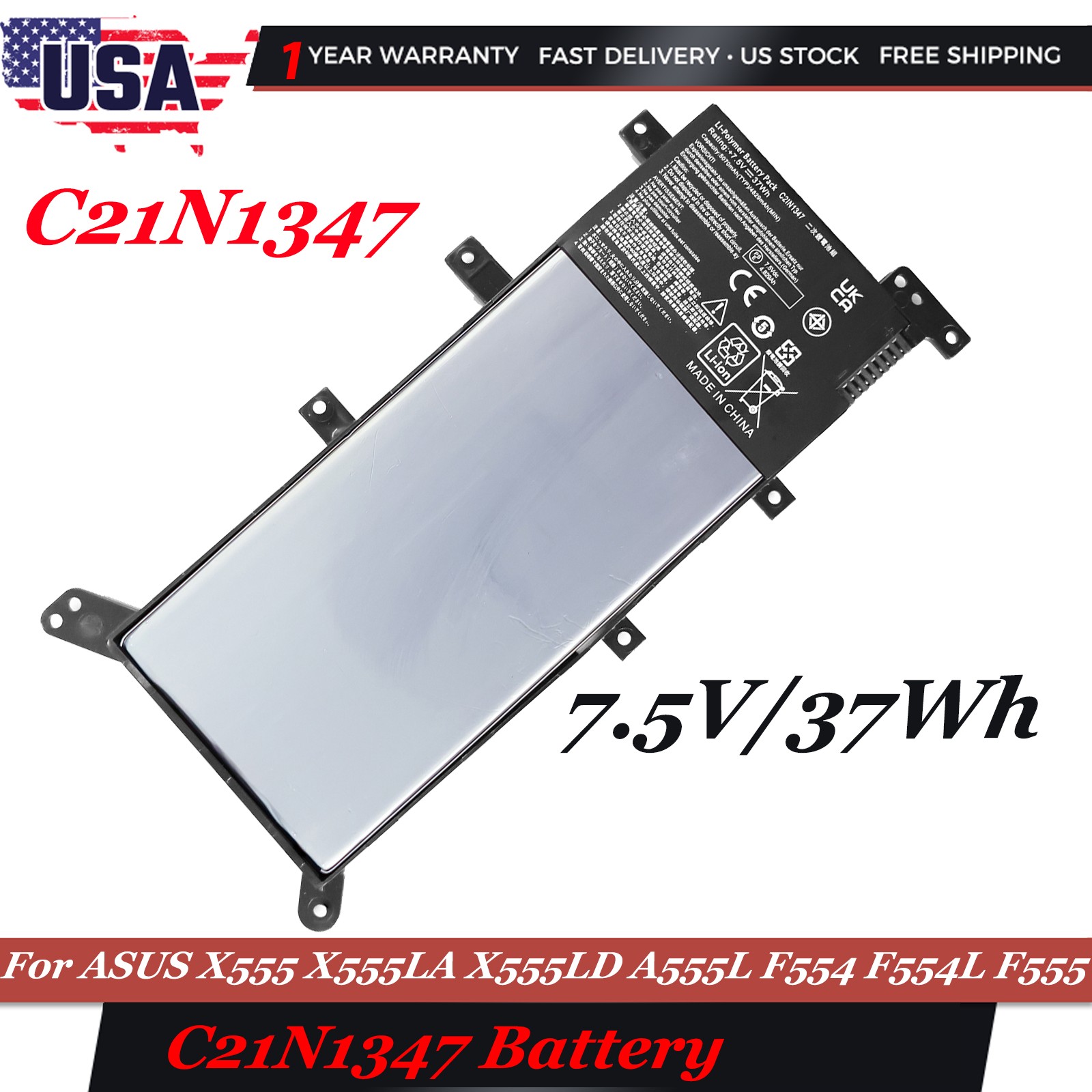 37Wh 7.5V C21N1347 Battery For ASUS X555 X555LA X555LD A555L F554 F554L F555 New