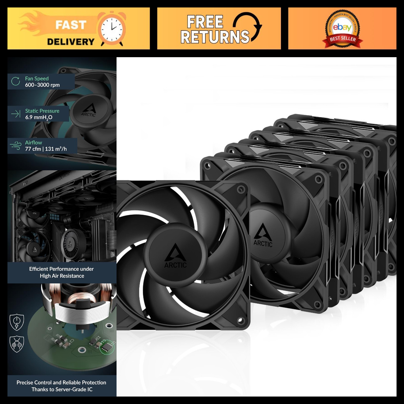 120mm PWM Fan 5 Pack - High Performance Cooling, Y-Cable Splitter, 600-3000 RPM