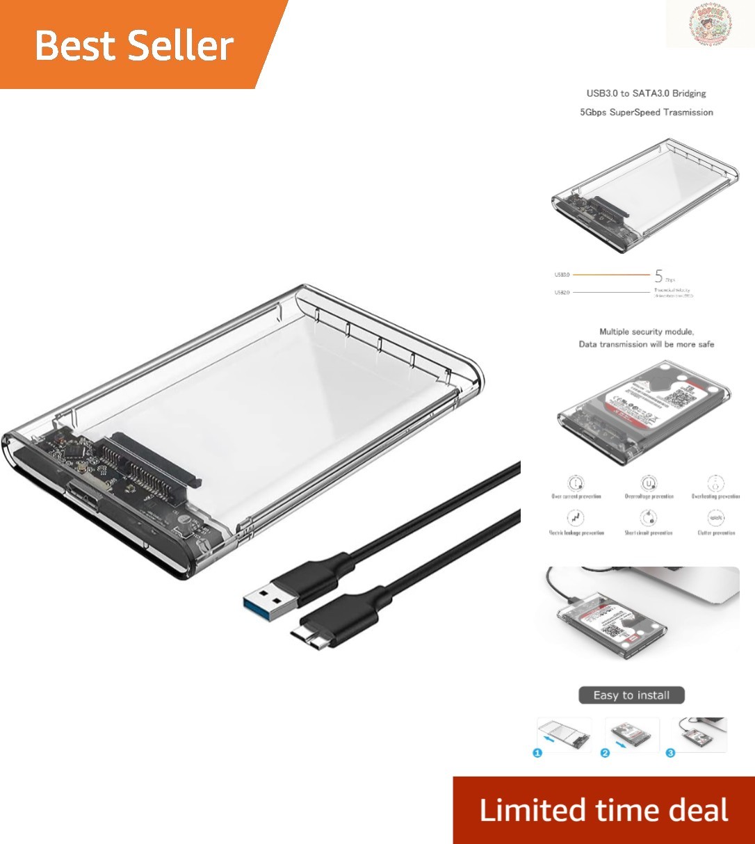 Compact Tool-Free 2.5" USB 3.0 Enclosure for SSD & HDD - 5Gbps Transfer Speed