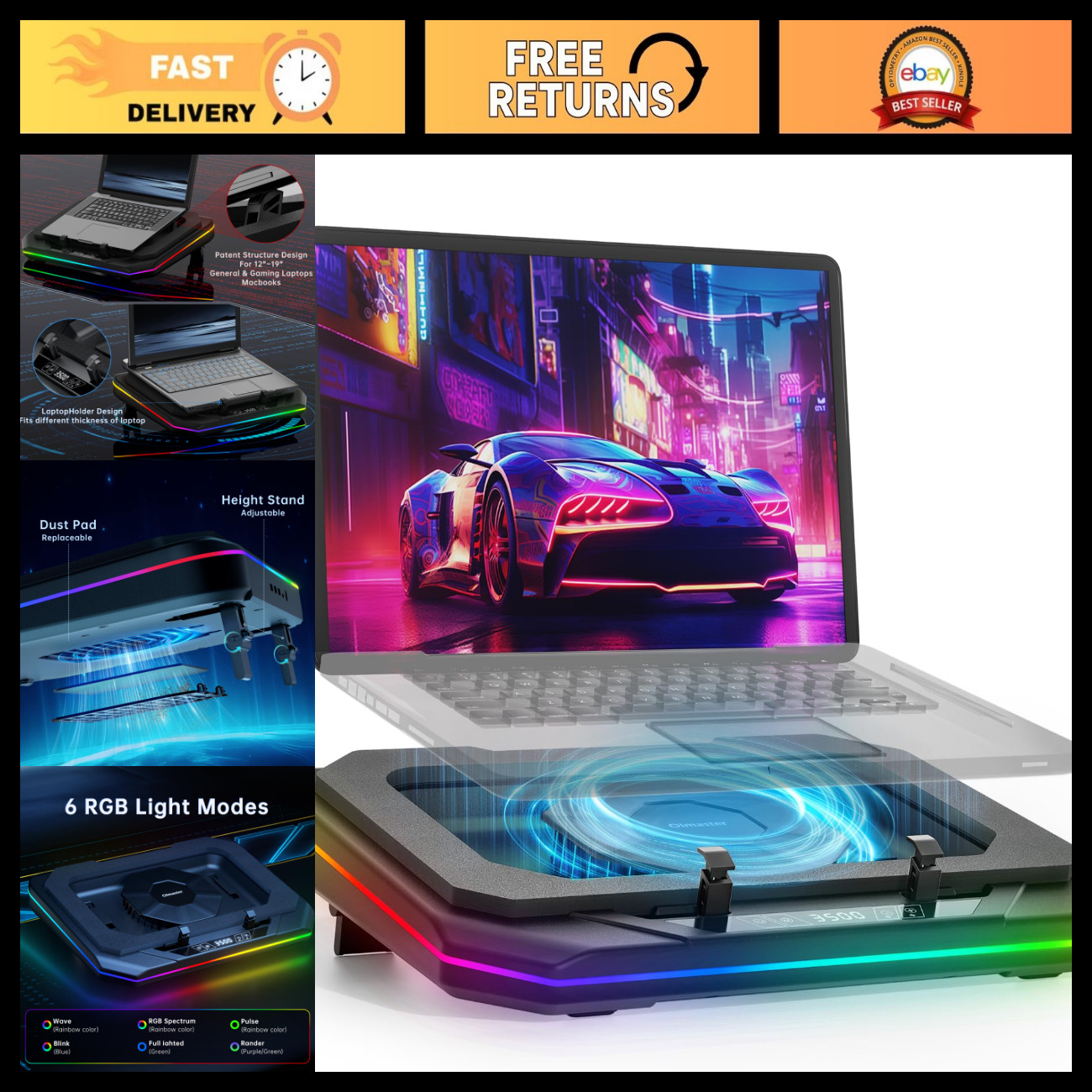 High-Performance Gaming Laptop Cooling Pad, 3500RPM Fan, RGB, 3 USB Ports, Adjus