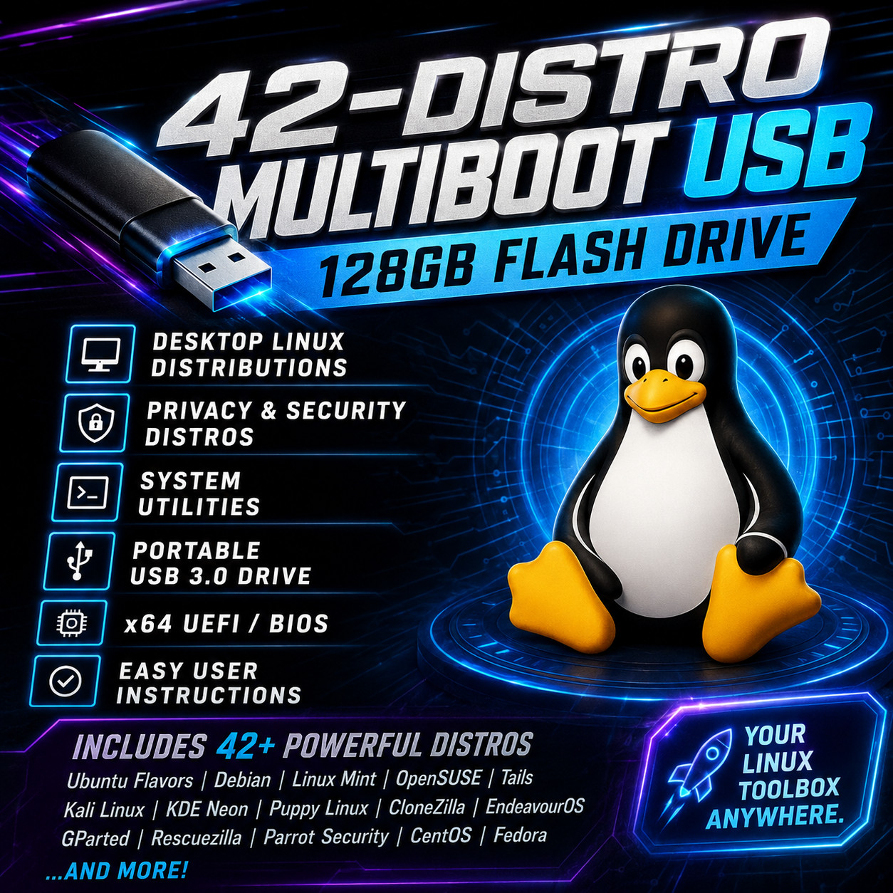 🔥✔️42-in-1 LINUX DISTROS MEGA PACK Multiboot 128GB USB Flash Drive | FAST SHIP