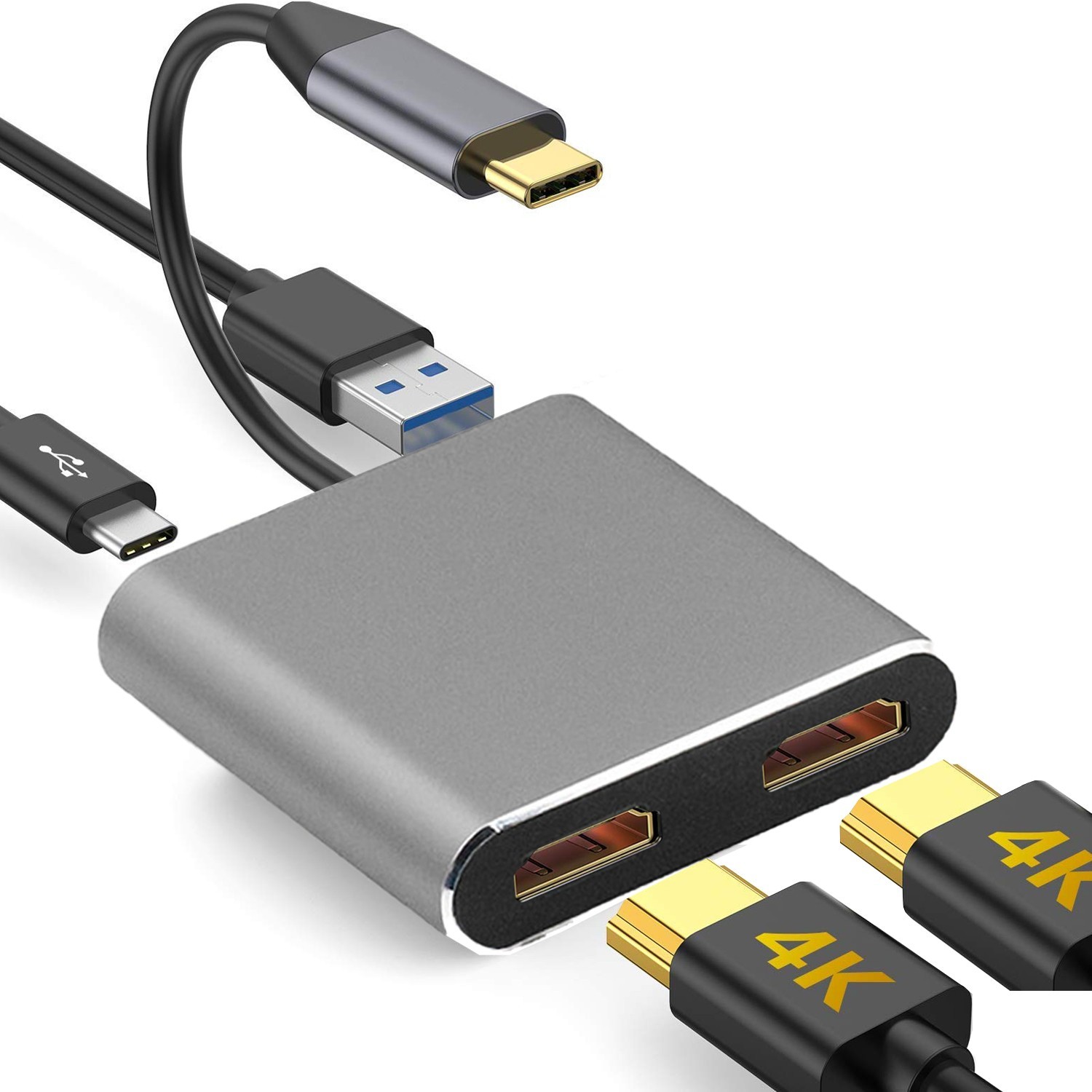 USB C to Dual HDMI Adapter 4K, USB 3.0 Port, USB C PD Charge