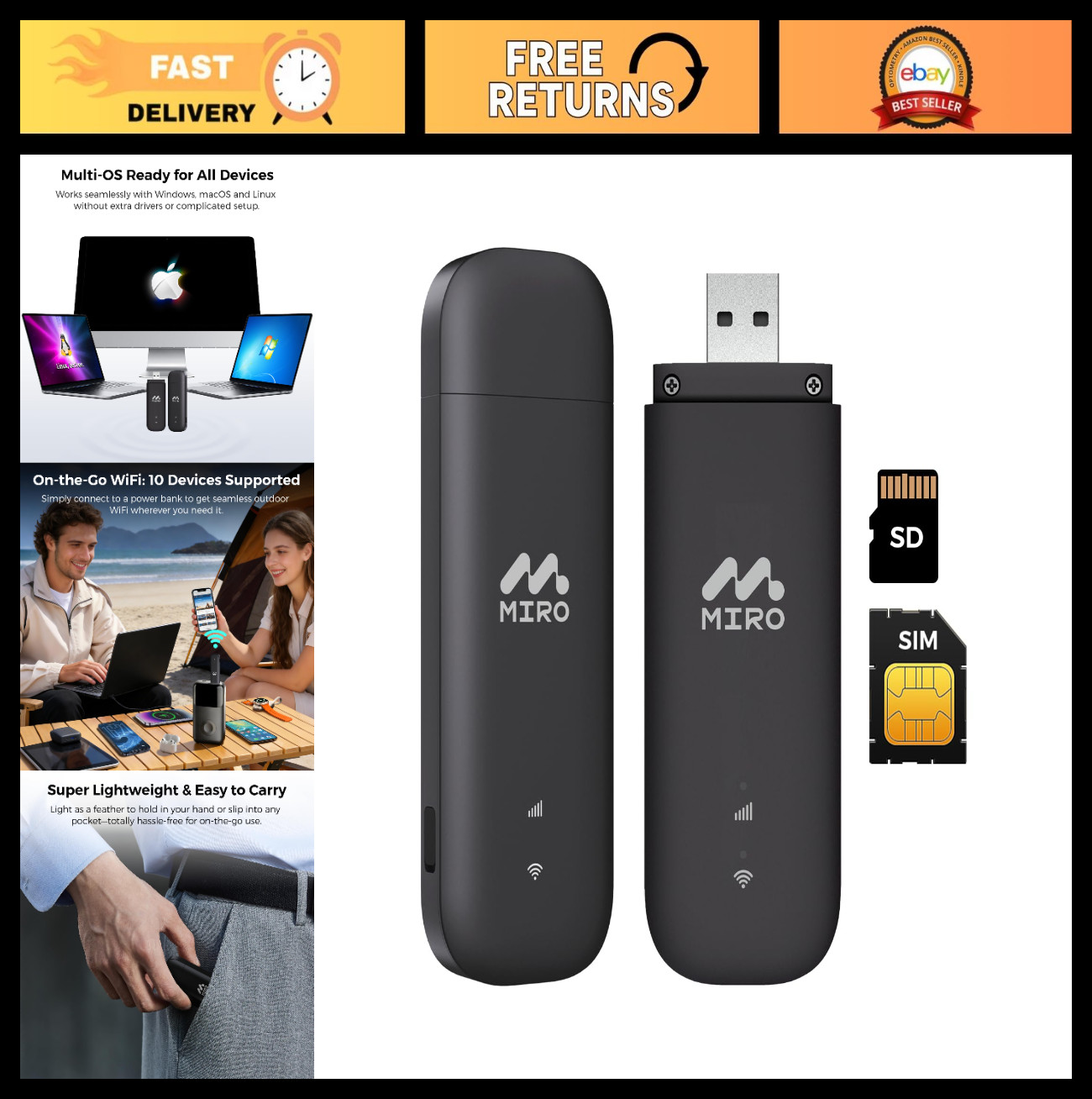 4G LTE WiFi USB Network Adapter, 150Mbps Dual SIM/SD Wireless Dongle for PC/Lapt