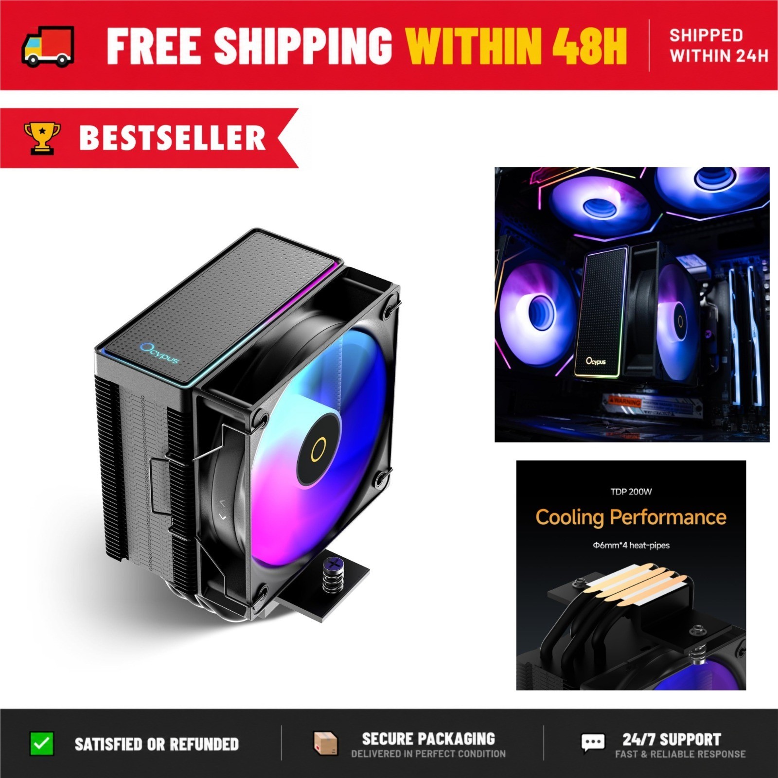 Ocypus Gamma A40 ARGB CPU Air Cooler 133mm Tower 100mm PWM Fan 200W TDP