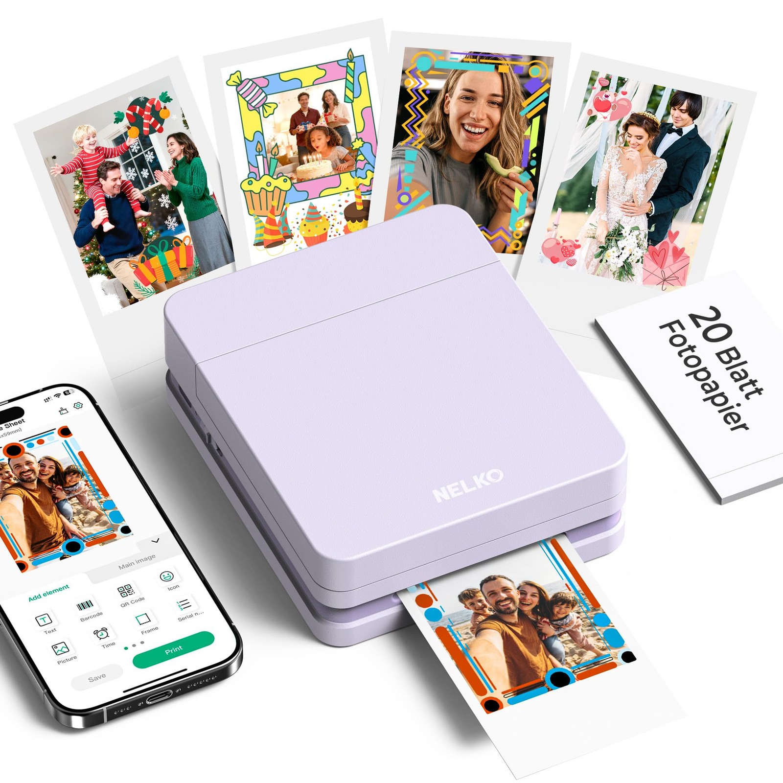 Nelko Photo Printer, 2x3 Portable Wireless Smartphone 107x128x43mm, Purple
