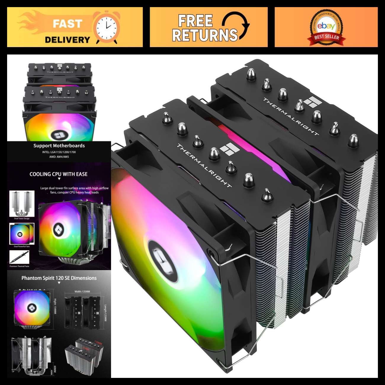 High-Performance CPU Air Cooler, 7 Heat Pipes, Dual 120mm PWM Fans, RGB Lighting