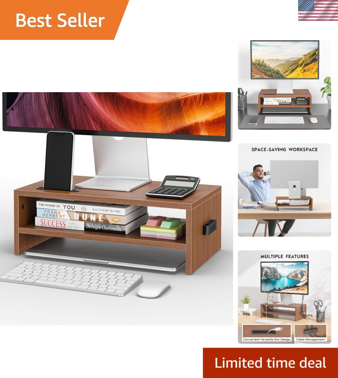 Ergonomic 2-Tier Wooden Monitor Stand with Cellphone Holder & Storage - Walnut