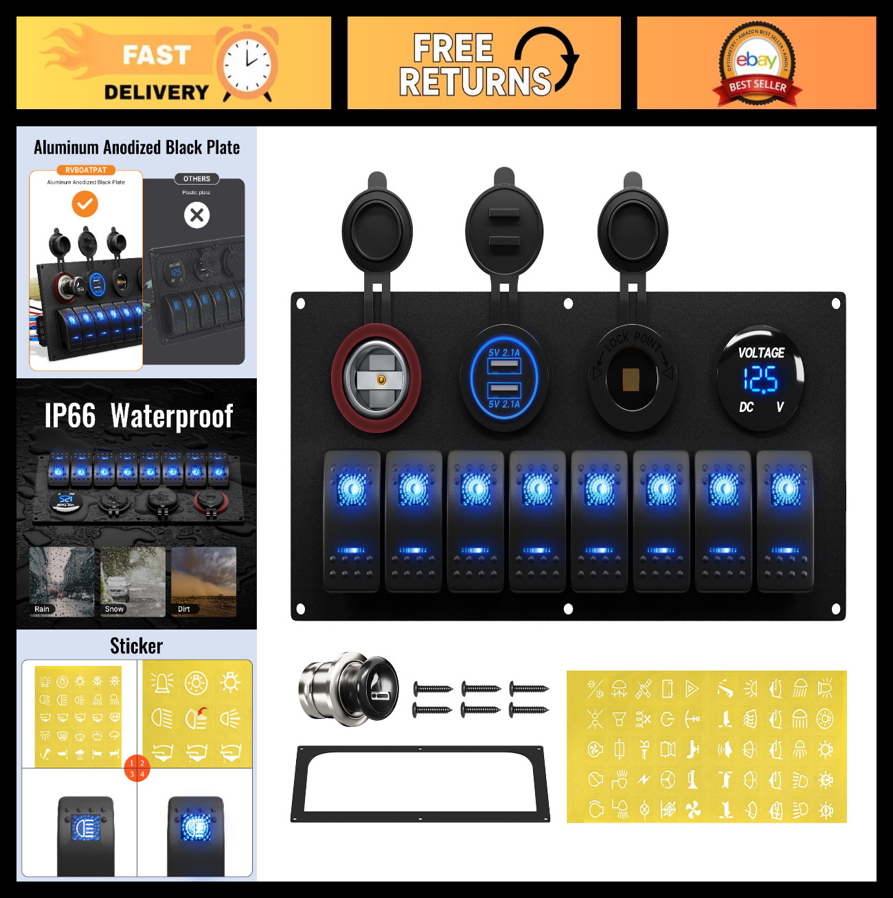 Waterproof 8 Gang Marine Boat Switch Panel - 12V Rocker & Toggle Switch with Blu