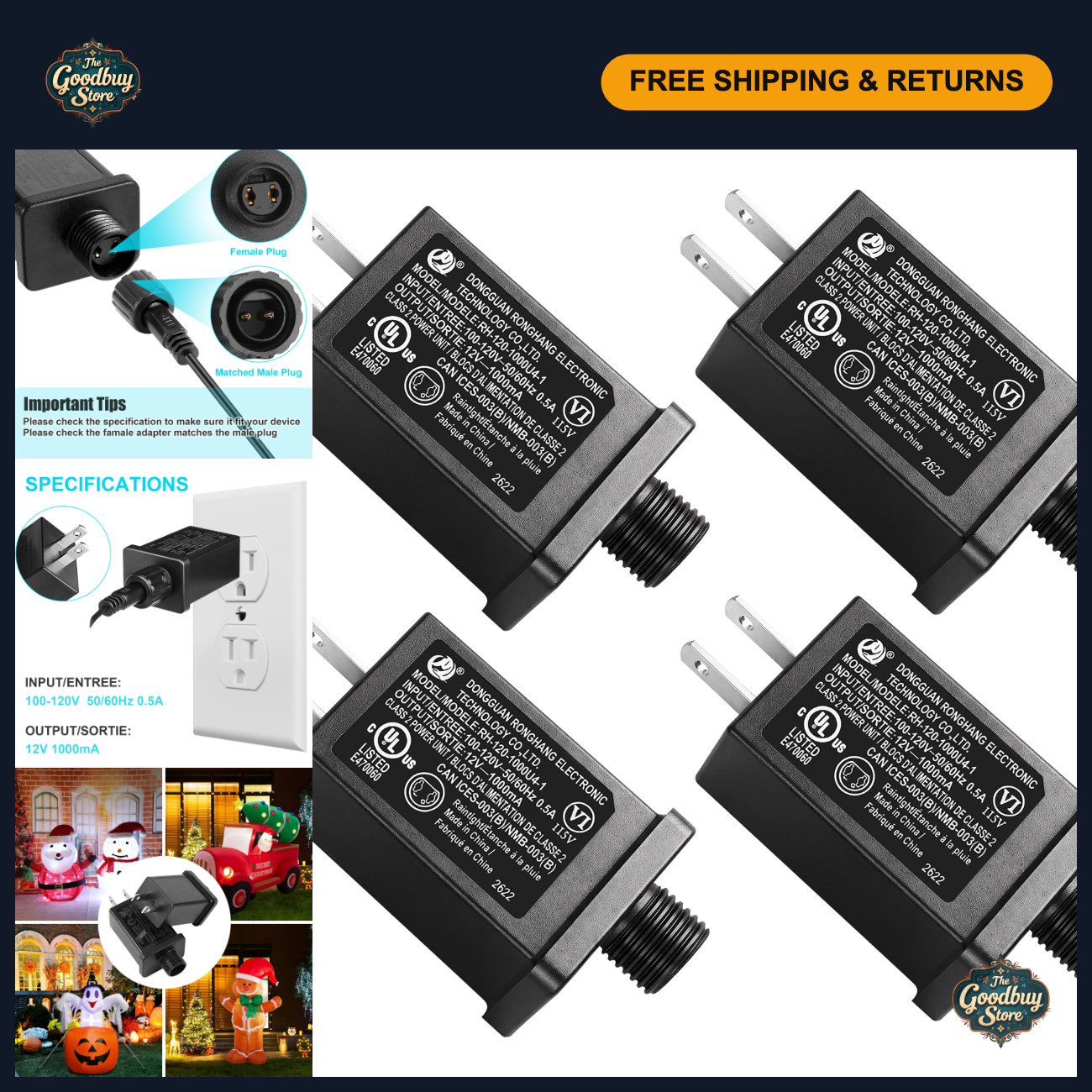 4PCS 12V Power Supply Adapter for Inflatable Yard Decor, LED Strip Lights, IP44