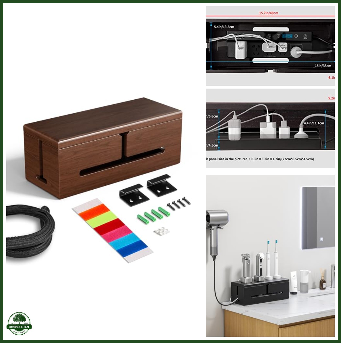 Large Cable Management Box 15.9''L x 6.5''W Elegant Wood Organizer Indoor