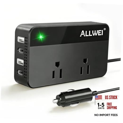 200W Car Power Inverter 12V DC to 110V AC with USB C Black 200W