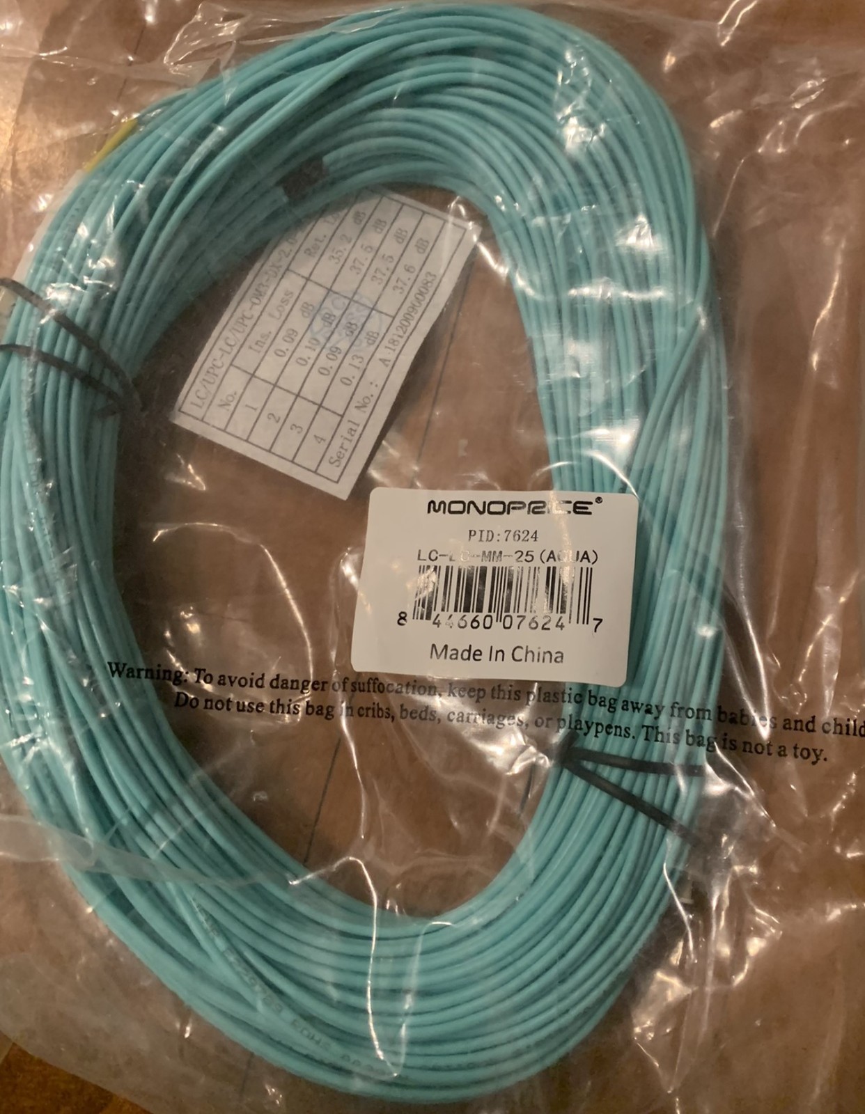 Monoprice LC-LC-MM-25 Network 25 Meter Aqua LC/LC Multimode Fiber Patch Cable