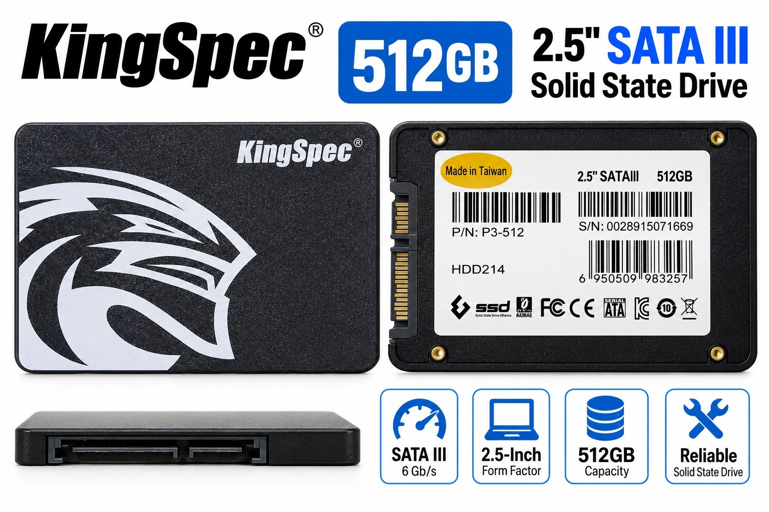 KingSpec 512GB 2.5" SATA III SSD P3-512 6Gb/s Solid State Drive Tested Wiped