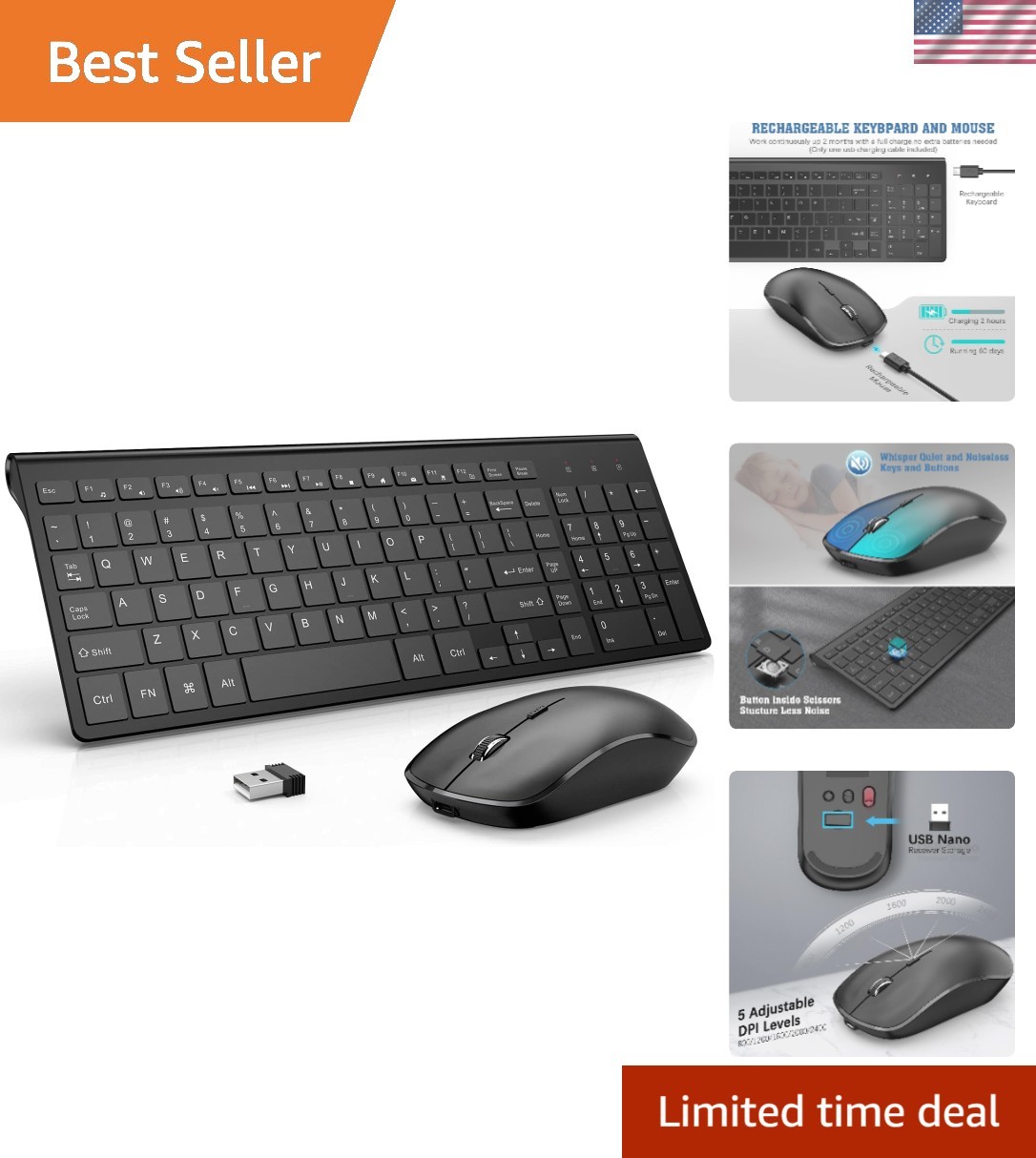 Sleek Black Wireless Keyboard and Mouse Combo - Rechargeable & Low-Noise Design