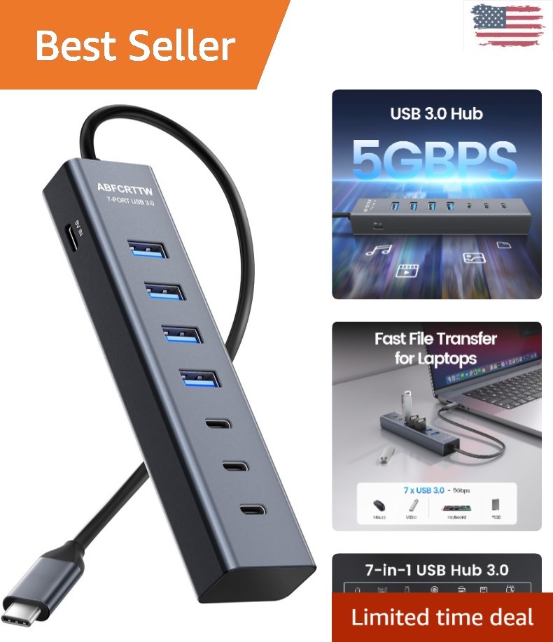 Plug and Play 7-Port USB C Hub - Sleek Aluminum Design for Fast Connectivity