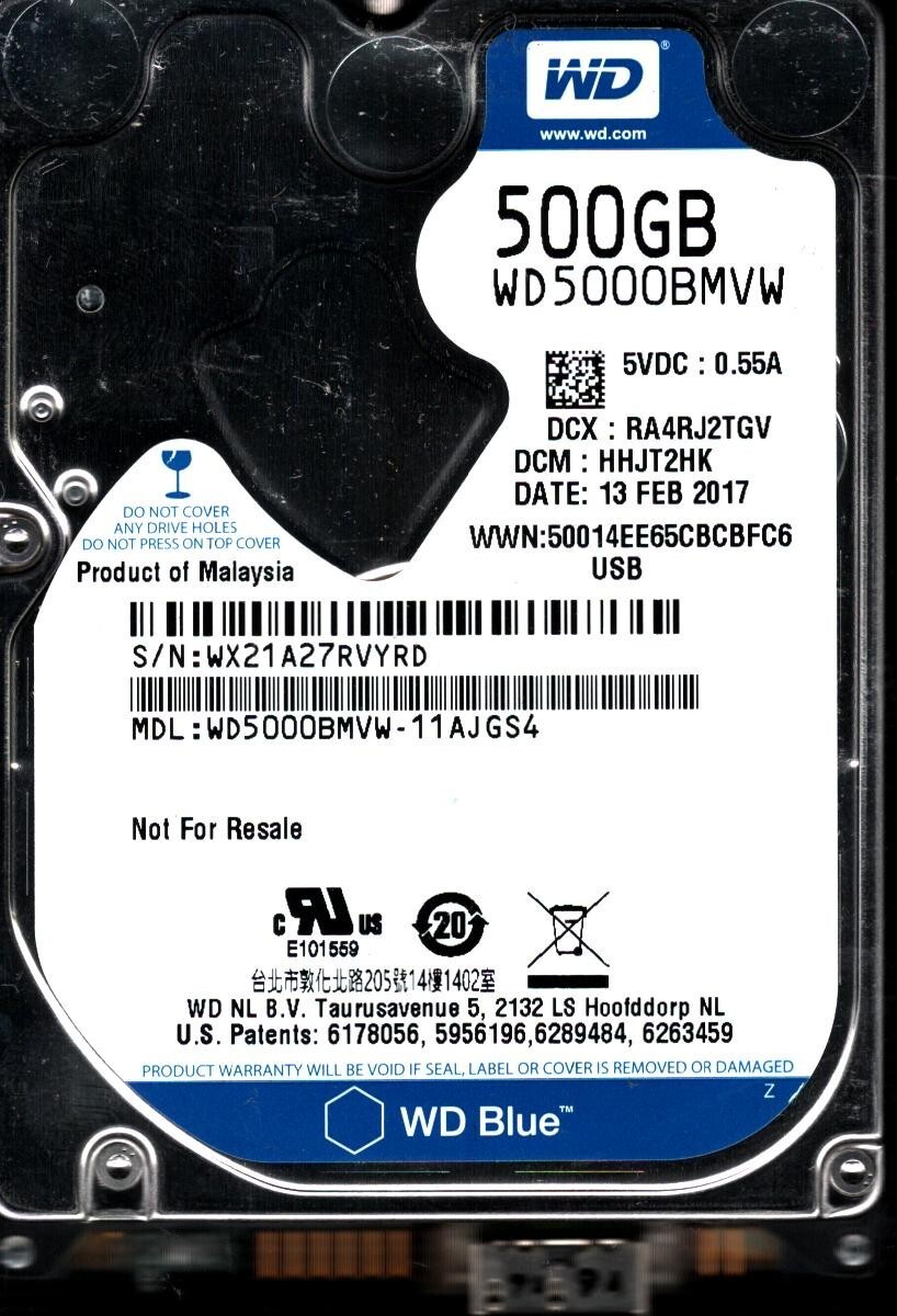 WD5000BMVW-11AJGS4 S/N:WX21A DCM:HHJT2HK WESTERN DIGITAL 500GB MALAYSIA FEB 2017