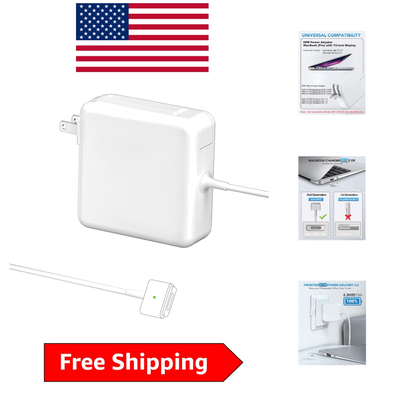 Reliable 60W Mag 2 Charger for MacBook Pro & Air 2012-2018 with LED Status Light