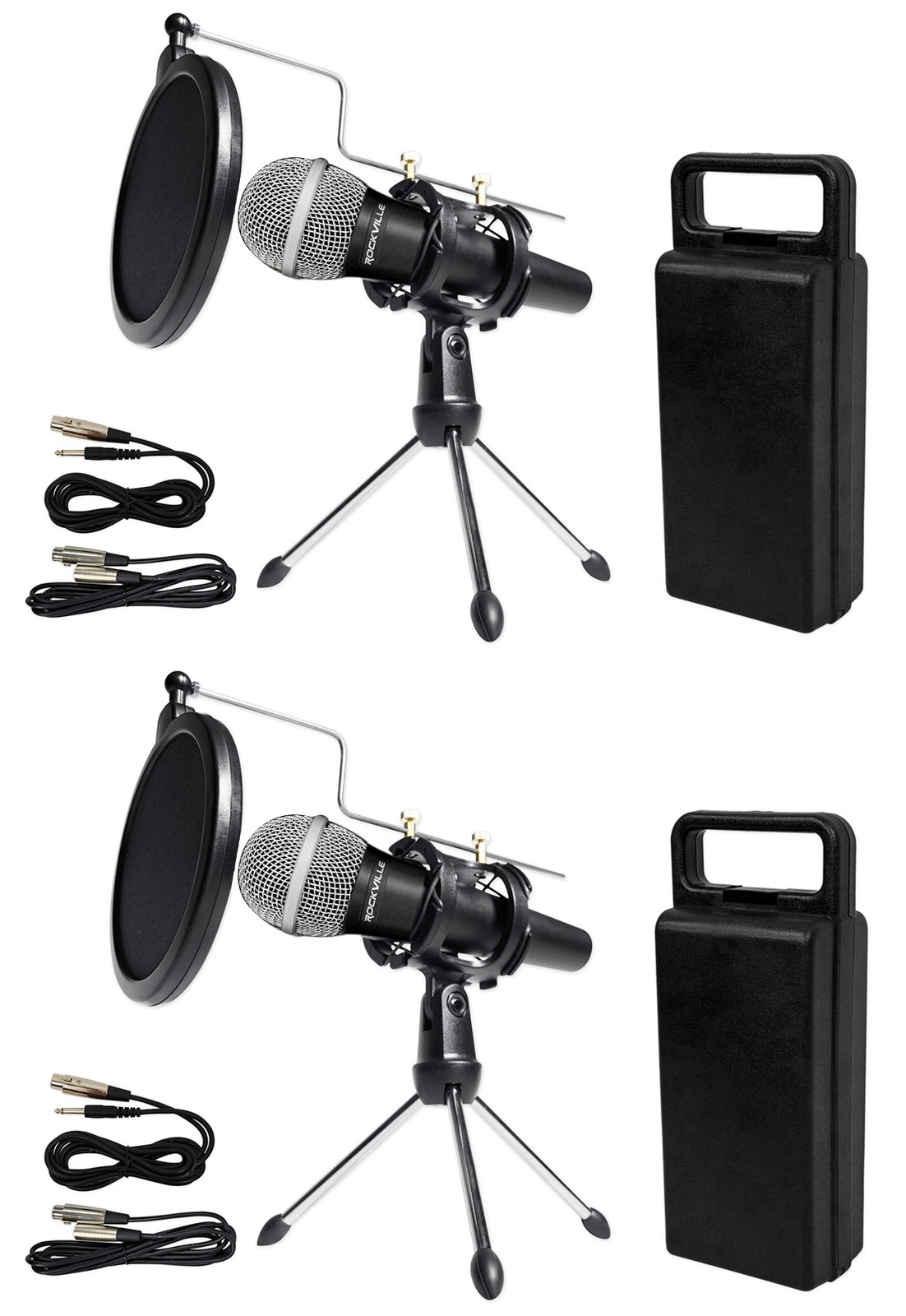 (2) Rockville Dynamic Podcasting Podcast Microphones+Stands+Pop Filters+Cables