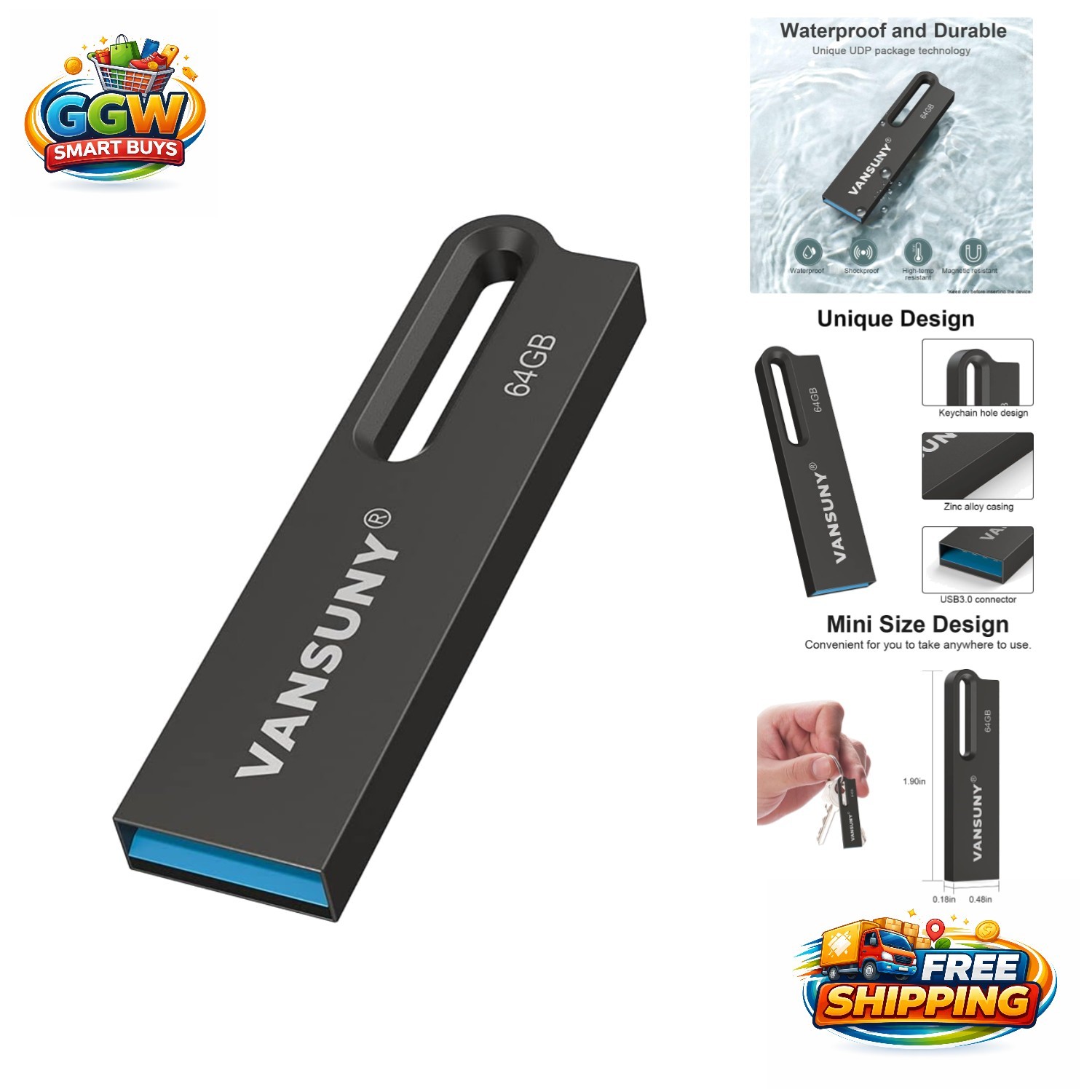 64GB Waterproof USB Drive - Ultra High Speed 3.0 Metal Thumb Drive for Devices