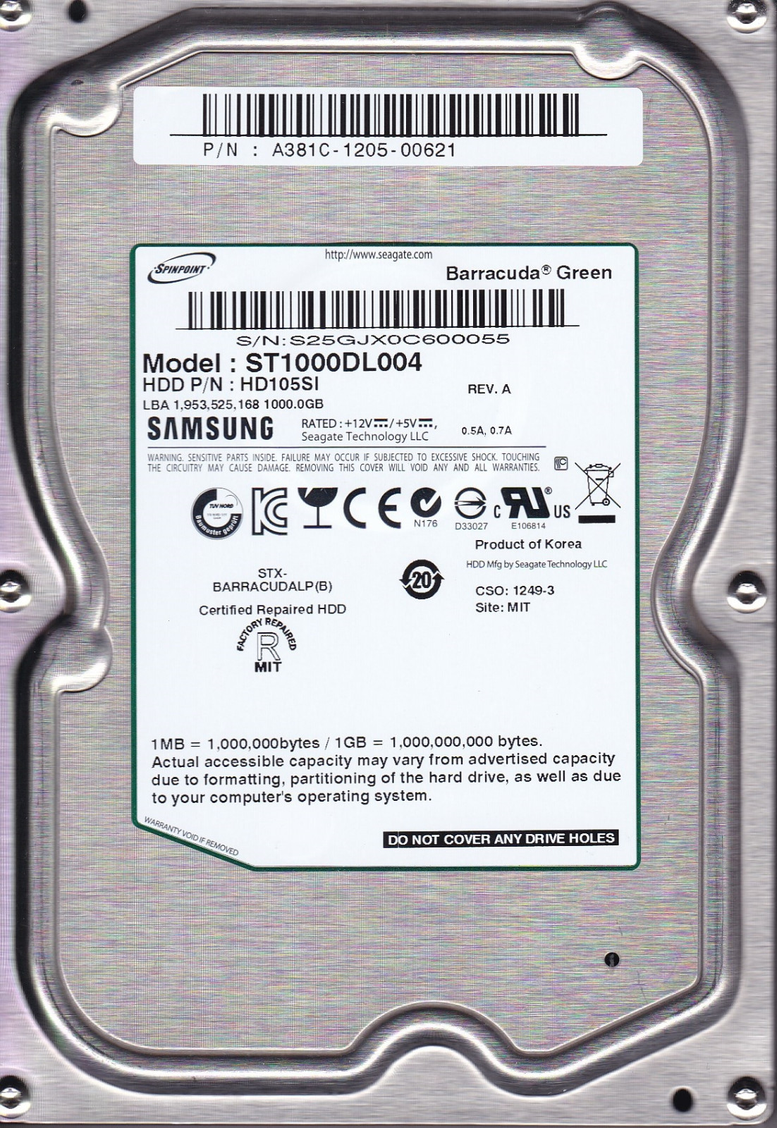 Samsung ST1000DL004 pn: HD105SI fw: 1AJ100E5 1TB SATA 3.5" A10-16