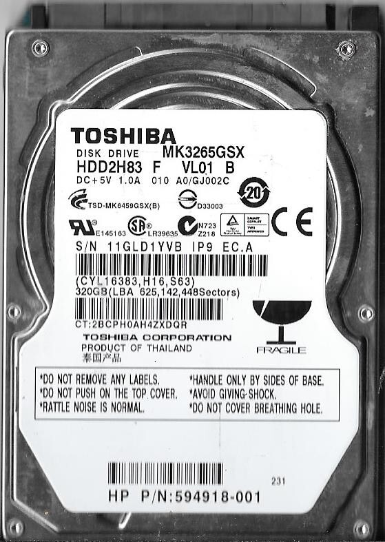 Toshiba MK3265GSX HDD2H83 F VL01 B 320GB Sata Hard Drive
