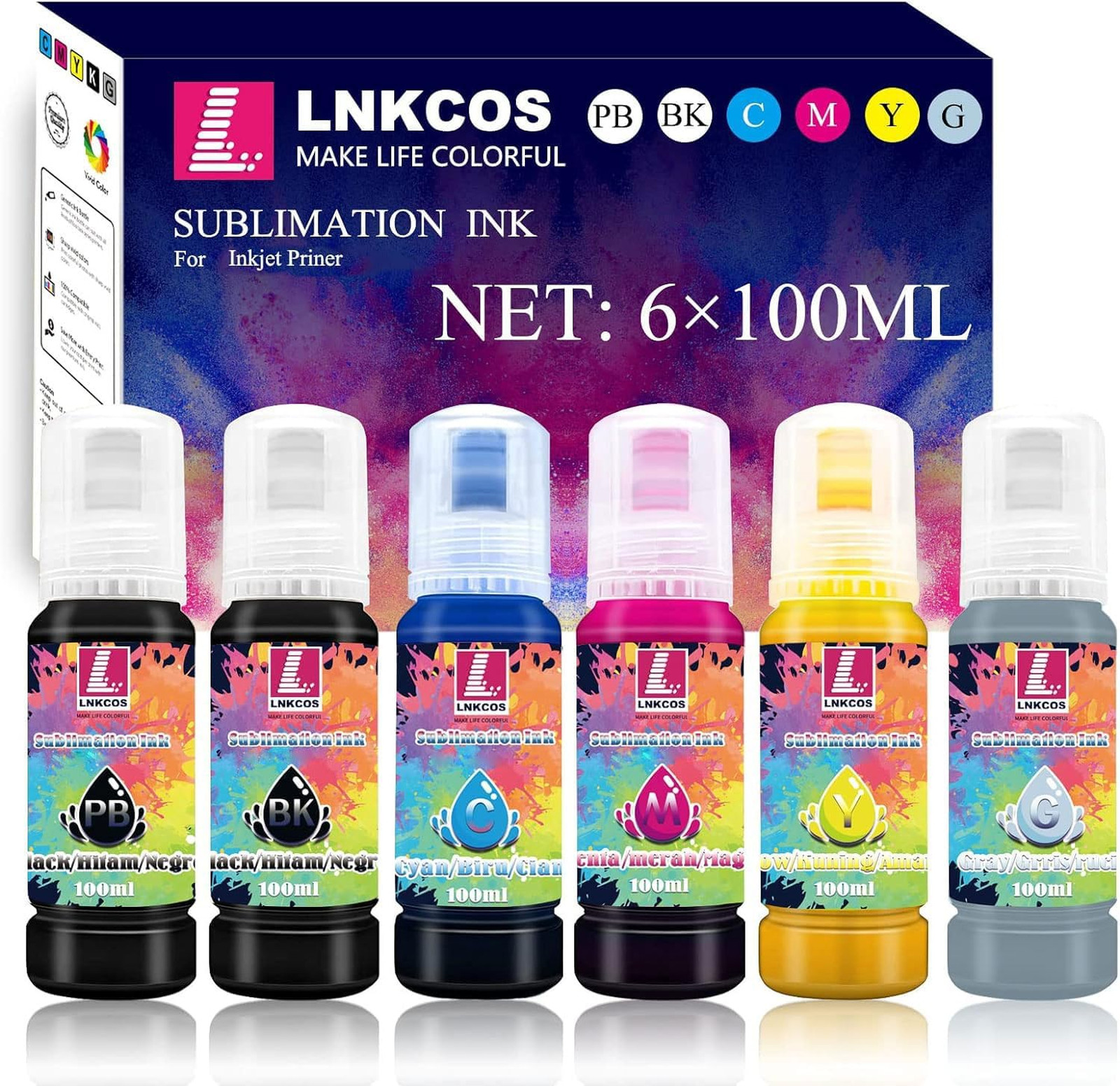 600ml Sublimation Ink Set for ET-8500 ET-8550 Printers 6 Color 6x100ml