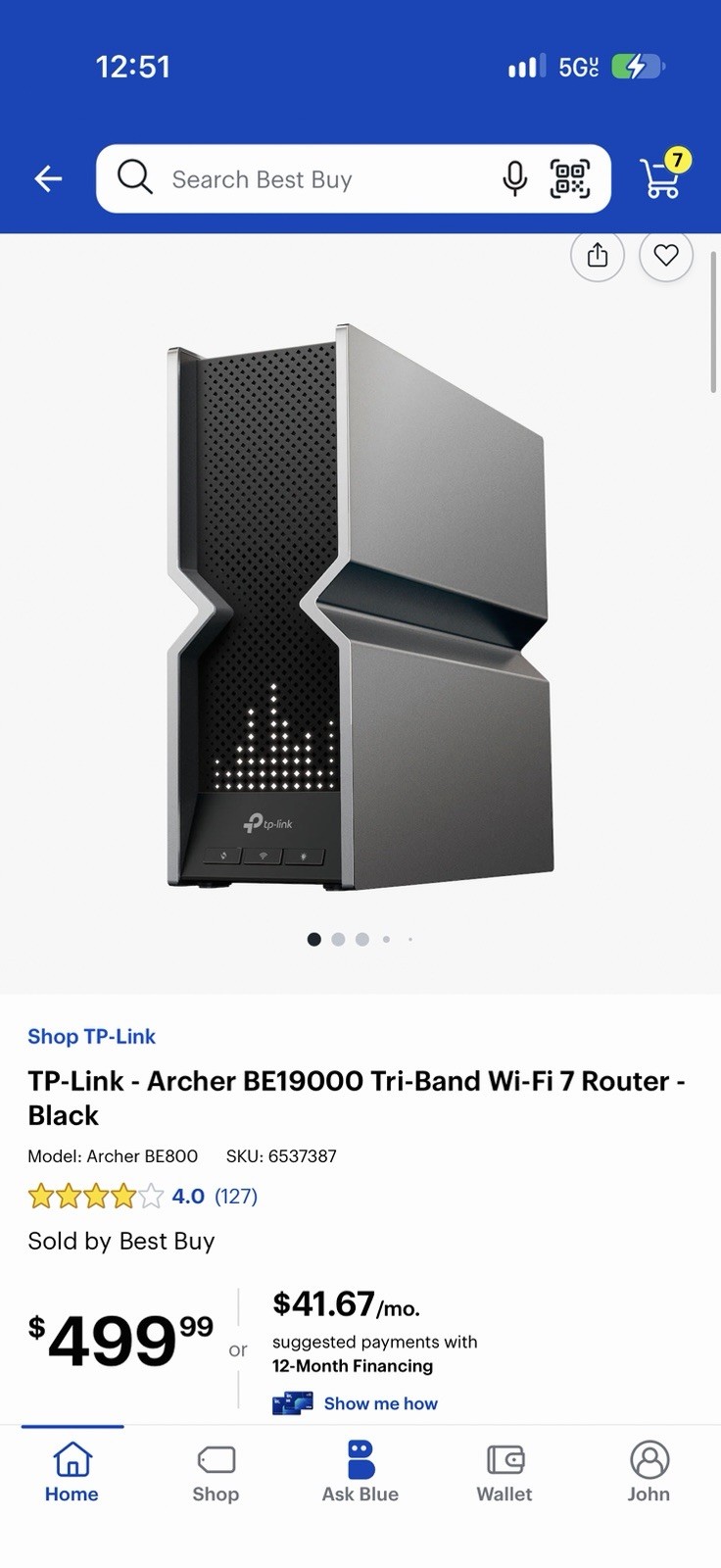 TP-LINK Archer BE800 BE19000 Tri-Band 4-Port Wireless Router - Black