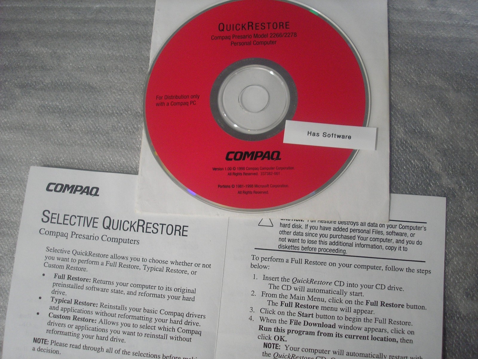 Compaq Presario Model 2266/2278 Quick Restore Disc CD (1998) for Windows 98 =NEW