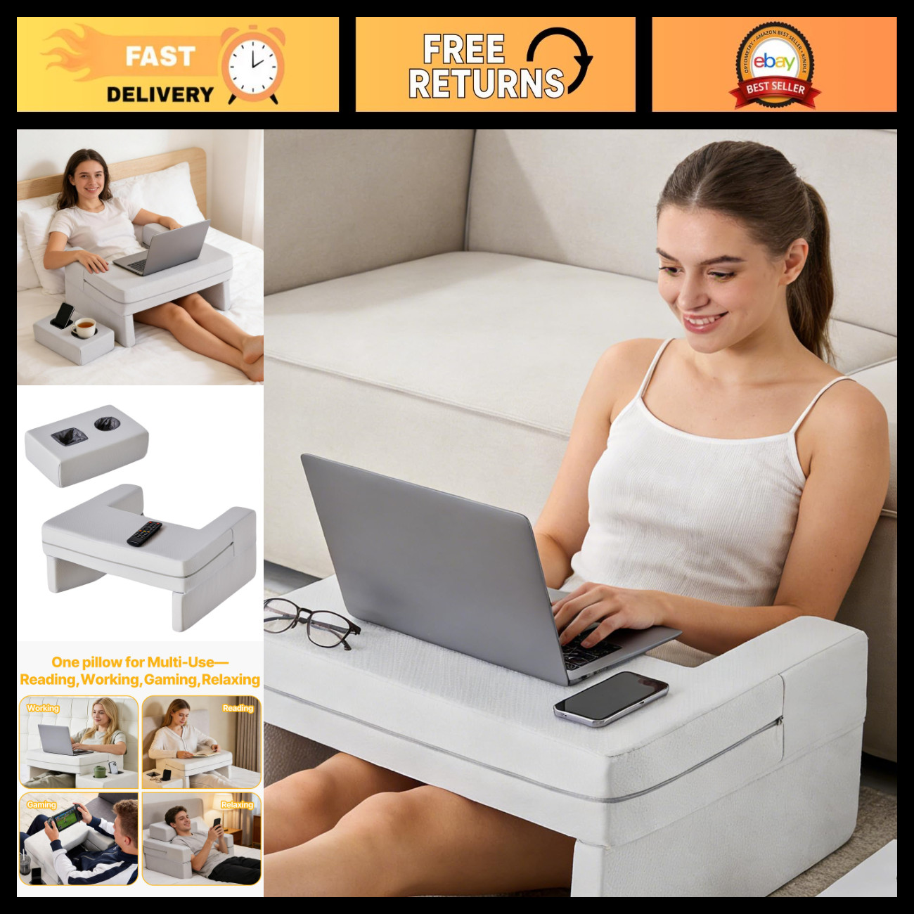 Ergonomic Lap Desk with Cup Holder & Reading Pillow - Portable Grey Workspace