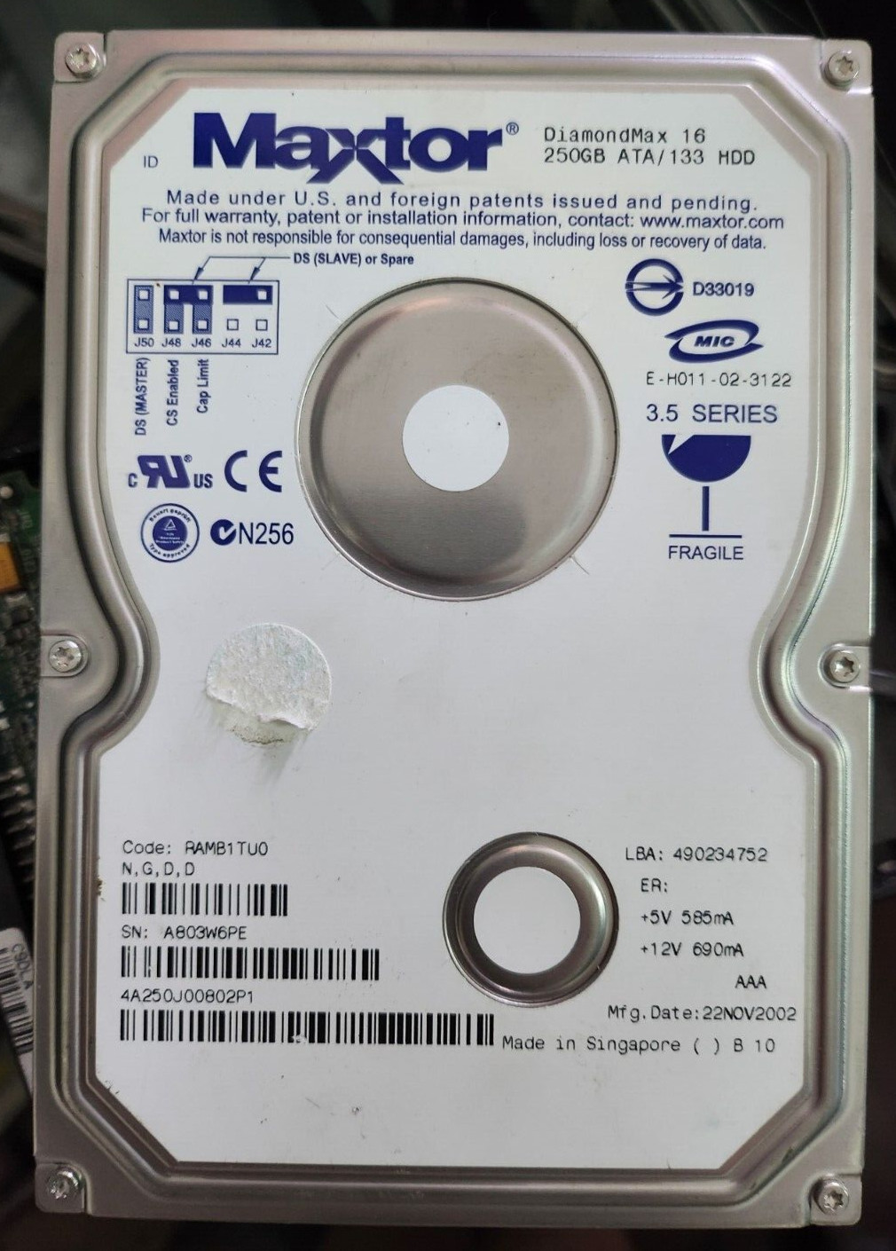 Maxtor 4A250J0 DiamondMAX 16 250GB ATA/133 5.4K RPM IDE 3.5" Hard Drive NEW Pull