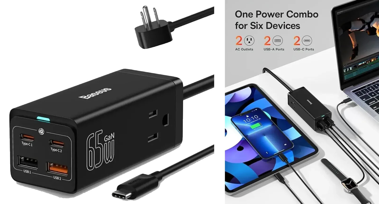 Baseus PowerCombo 65W 6-in-1 PowerStrip: 2×USB-A, 2×USB-C PD, 2×110V AC, 5Ft🔌