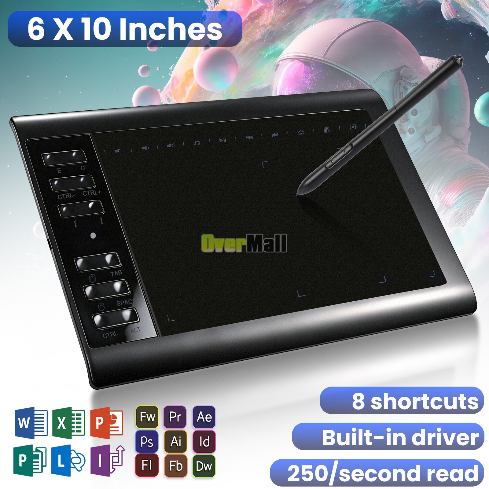 10x6 inch Digital Drawing Tablet HD Screen Graphics tablet with Battery-free Pen