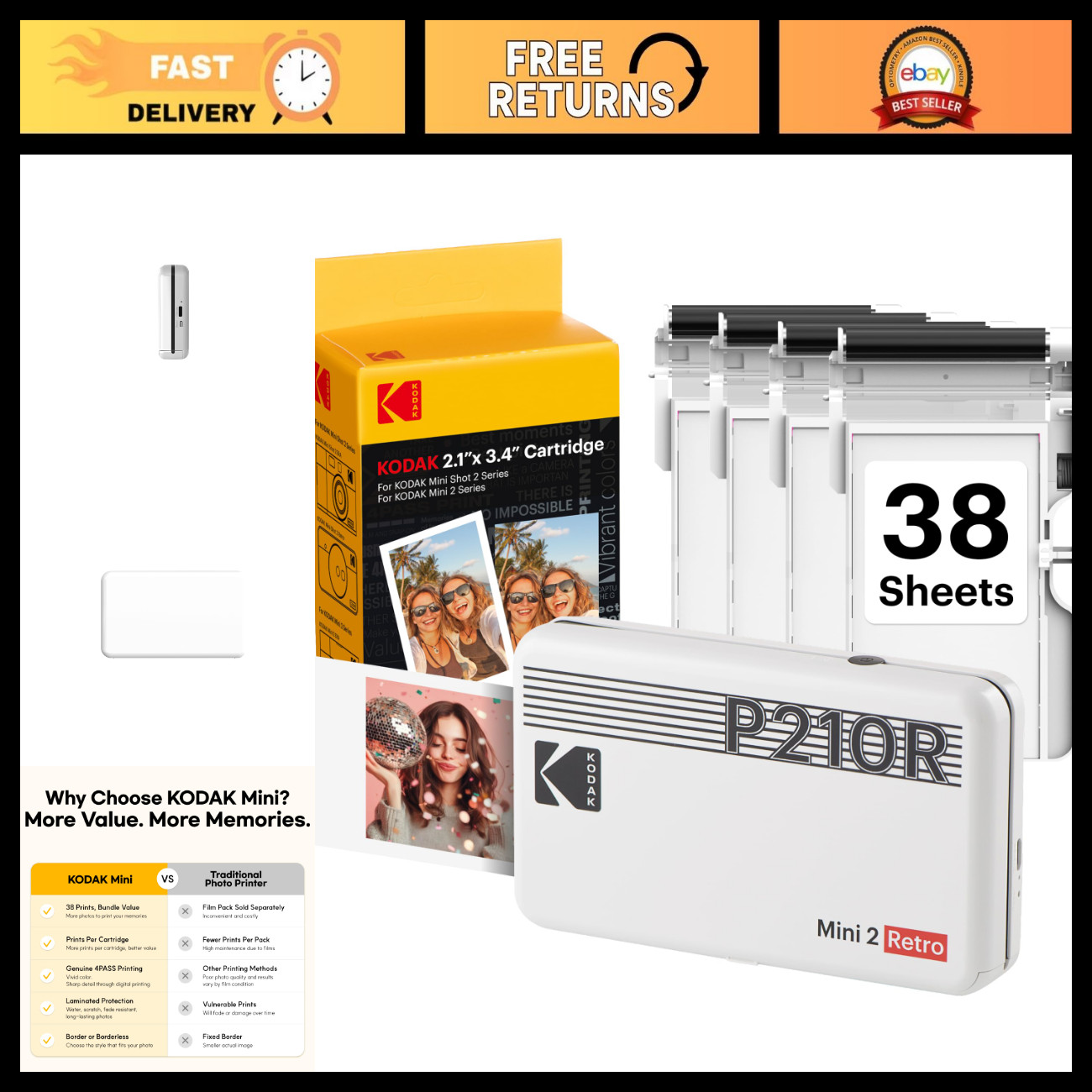 Portable 2x3 Photo Printer, 4PASS Technology, 38 Sheets, Compact & Retro Design