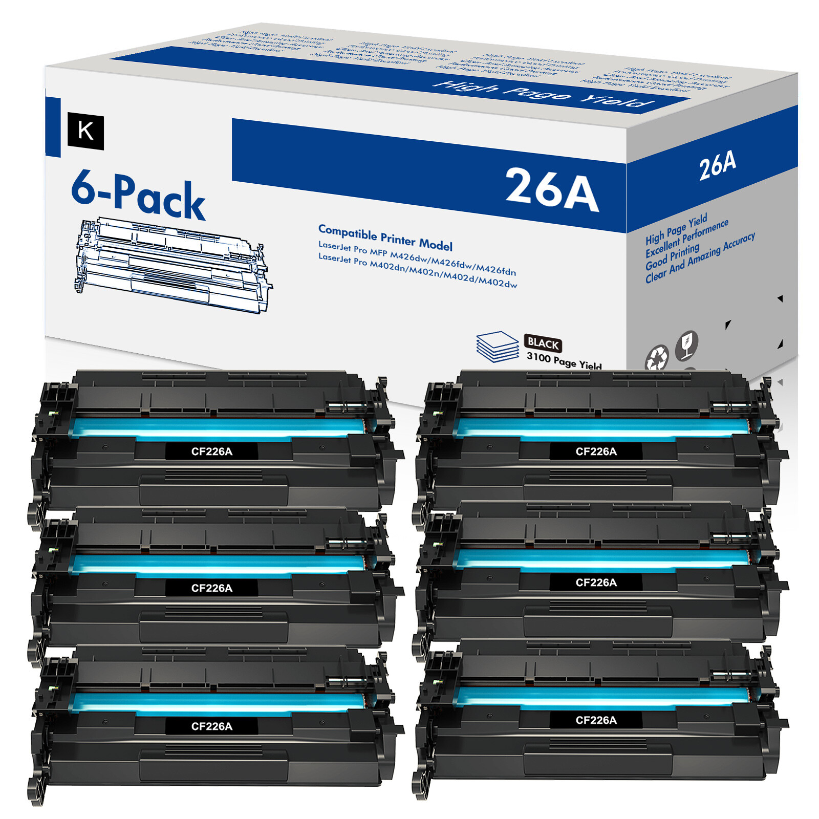 6PK Fit for HP CF226A 26A Toner LaserJet Pro M402 M402dne MFP M426 M426dw Print