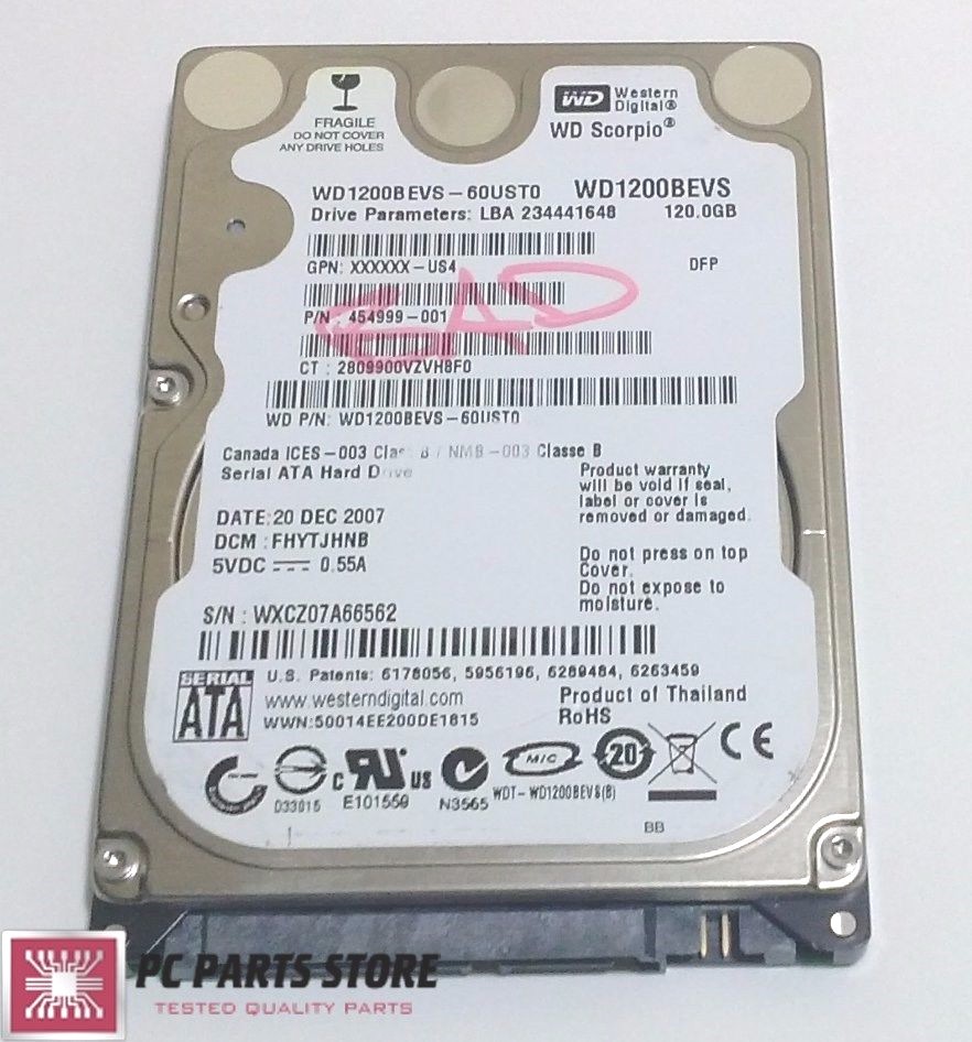 Western Digital 120GB 2.5 WD1200BEVS-60UST0 2061-701499-600 AB FOR PARTS/REPAIR