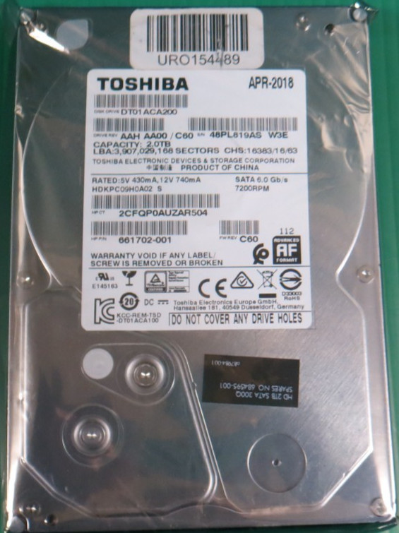 Toshiba / HP 2TB / 64MB / SATA 7.2K / 3.5” HDD/ DT01ACA200 / 661702-001 / REFURB