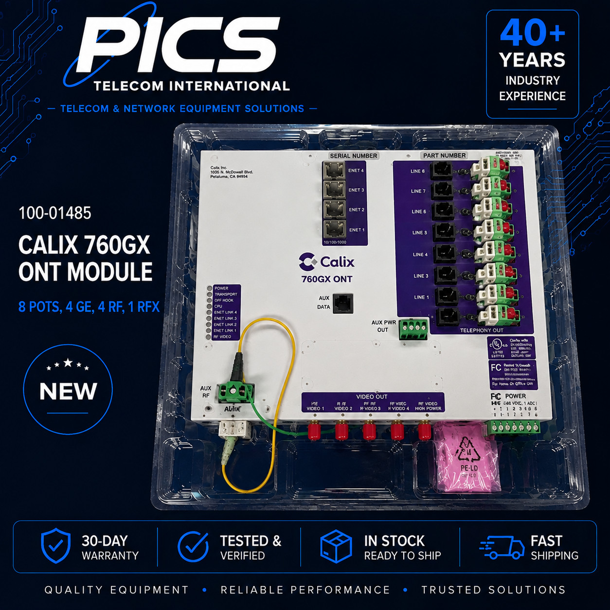 100-01485, CALIX 760GX ONT MODULE, 8 POTS, 4 GE, 4 RF, 1 RFX