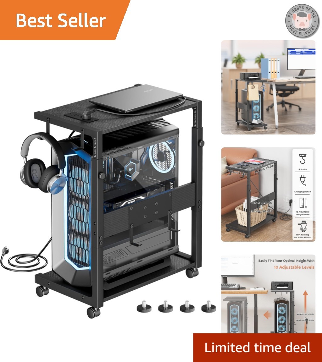 Stylish Black Adjustable CPU Stand with Charging Station for Modern Workspaces