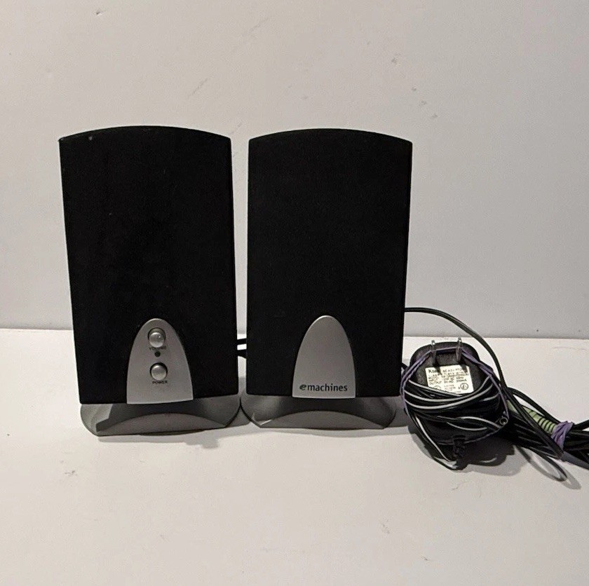 eMachines SP-30A Vintage Computer Speakers 2.0 Stereo Black Silver w/ Adapter