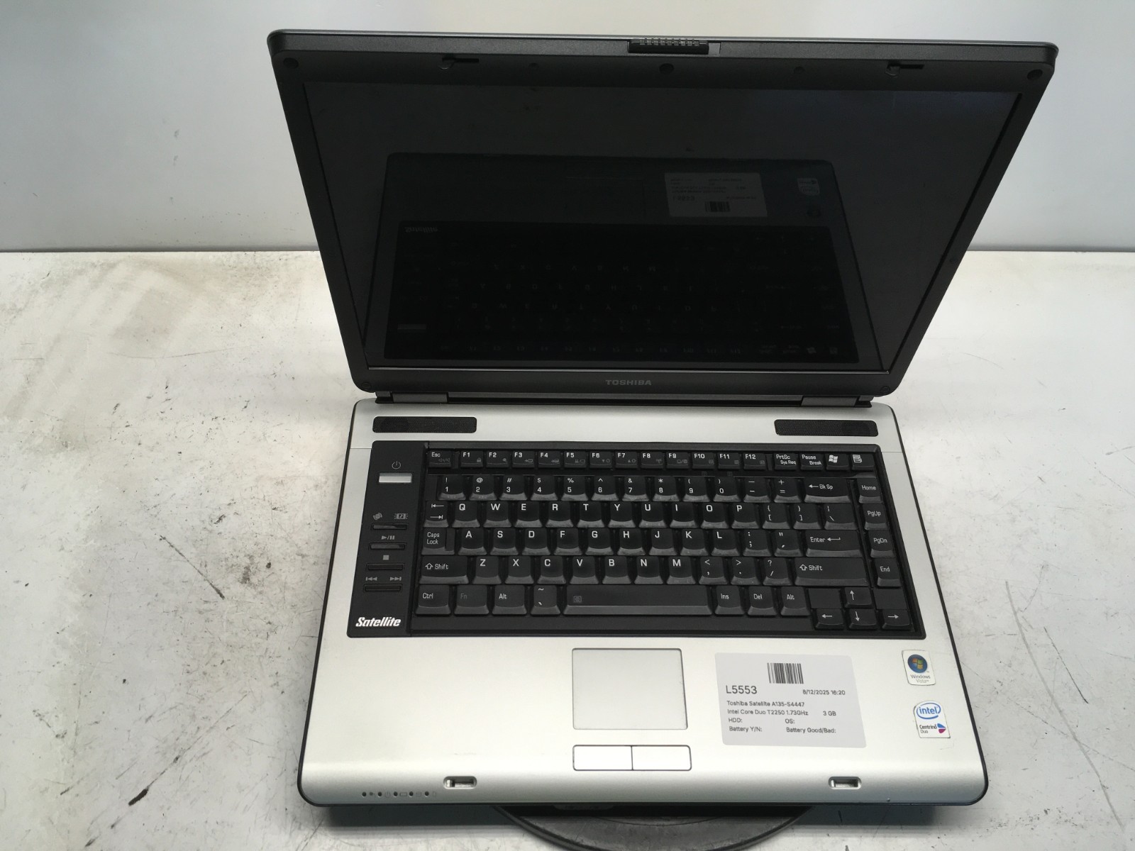 Toshiba Satellite A135-S4447 Intel Core Duo T2250 1.73GHz 3 GB NO HDD