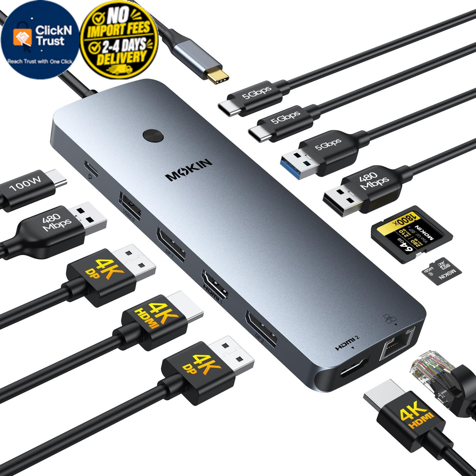 MOKiN Laptop Docking Station Dual Monitor 4K HDMI USB C Hub 14 IN 1, 14 1