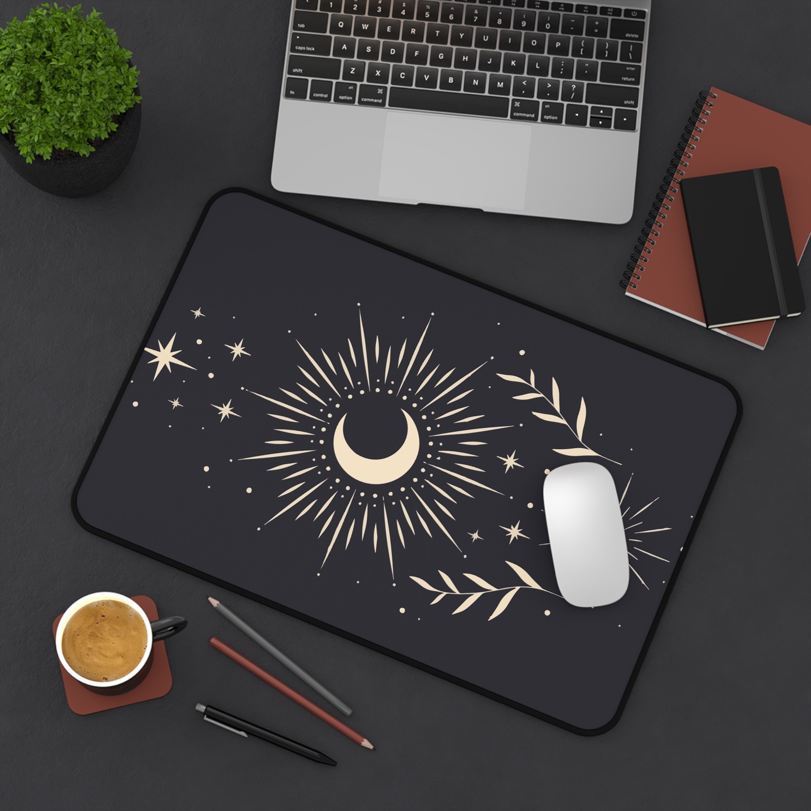 Crescent Moon Radiant Stars Desk Mat | Celestial Mousepad