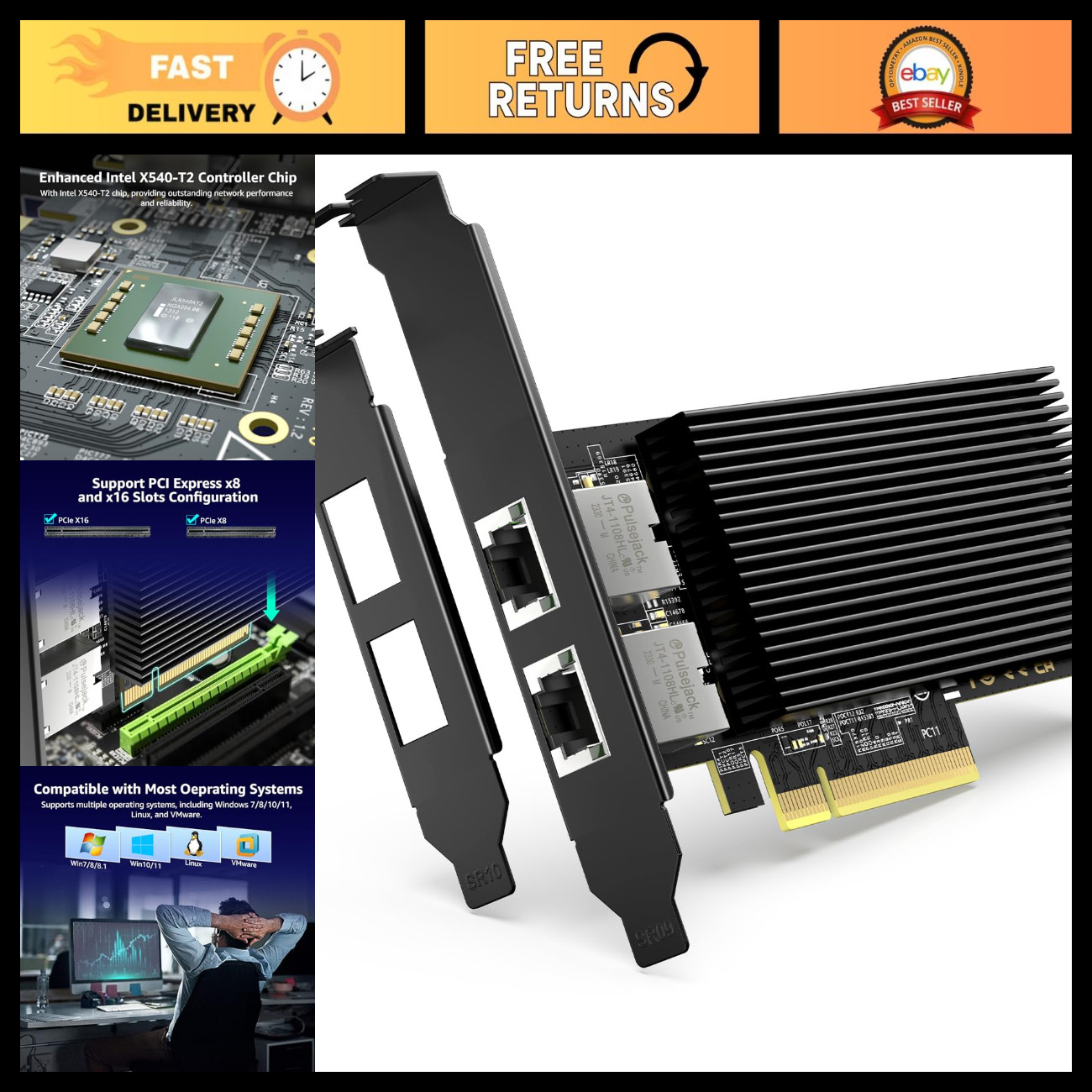 10G PCI-E Network Card, 10Gbps Dual RJ45 Ports, High-Speed Ethernet Adapter