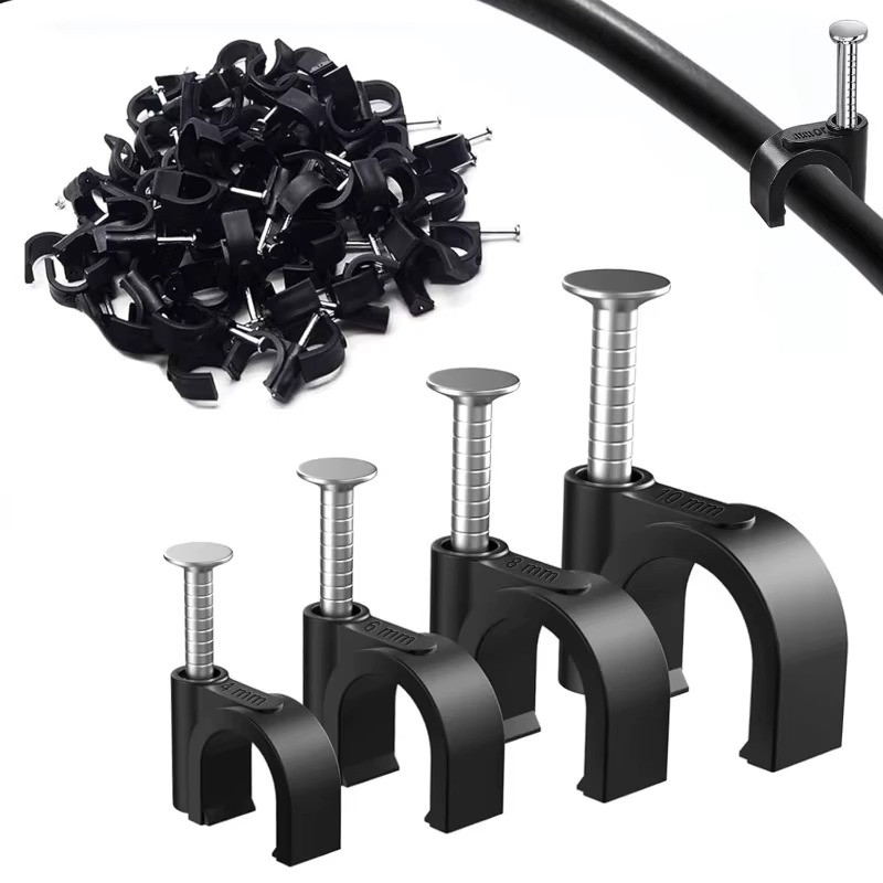100PCS 6mm Black Cable Clips Nail In Wire Clips Coaxial Cable Tacks Cord Clamps