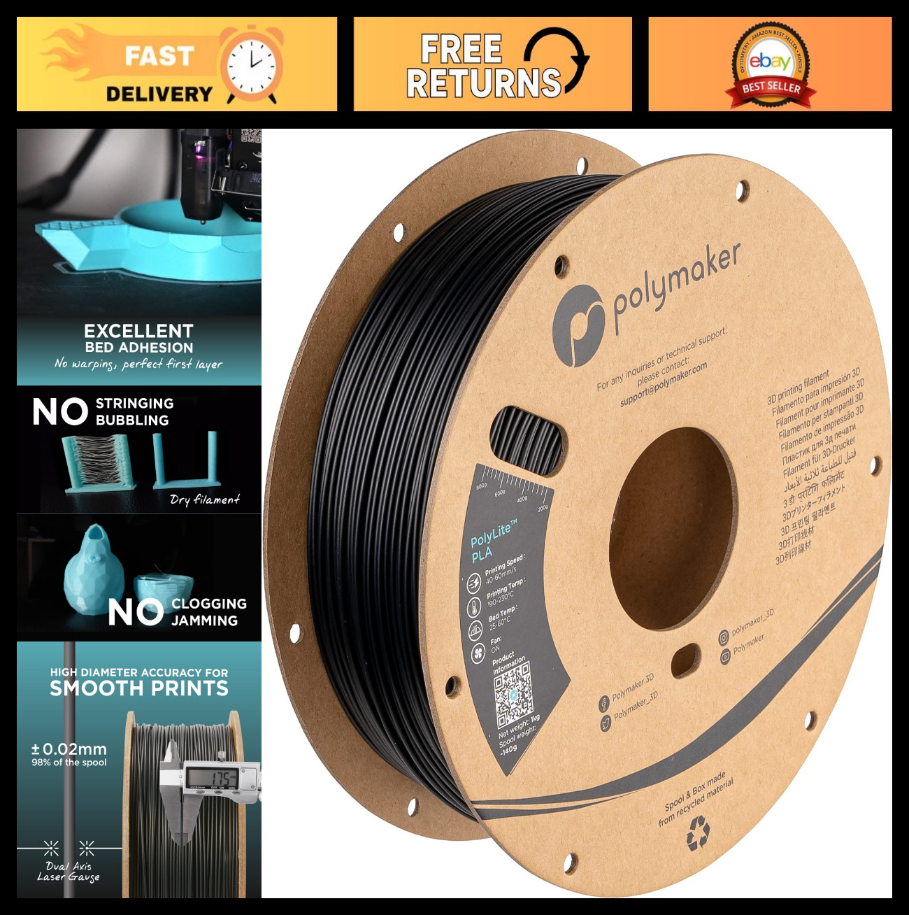 High-Quality Black PLA Filament 1.75mm 1kg for 3D Printing, Dimensional Accuracy