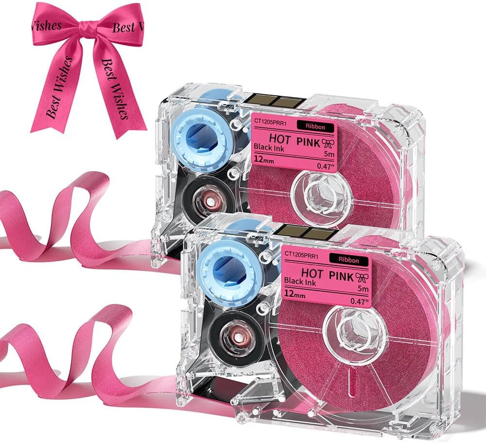 A30 P15 Ribbon Printer Label, Black on Hot Pink Satin Ribbon