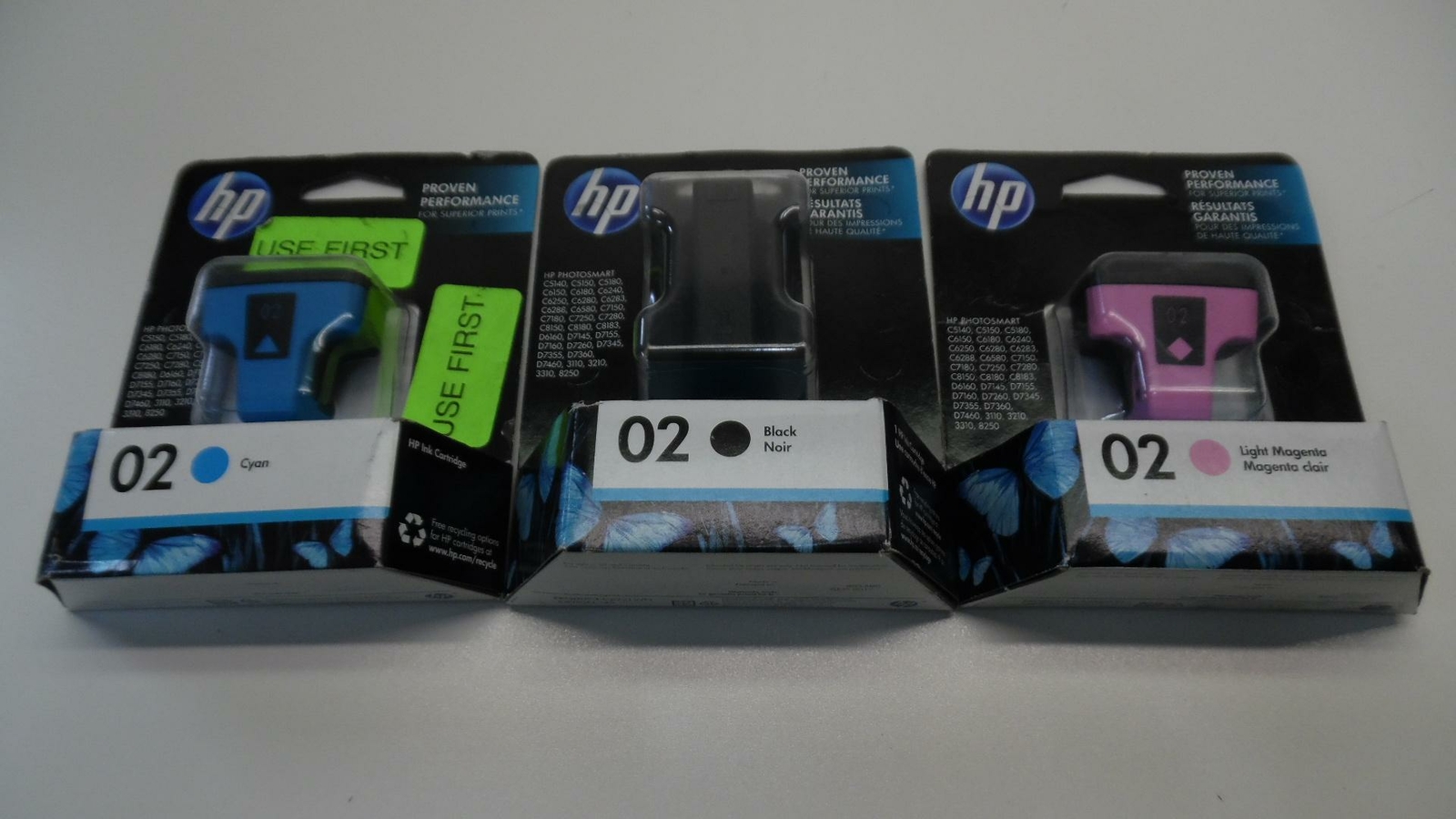 Set of HP 02 Ink Cartridges (B) C8721WN (C) C8771WN (M) C8775WN - Sealed/Expired