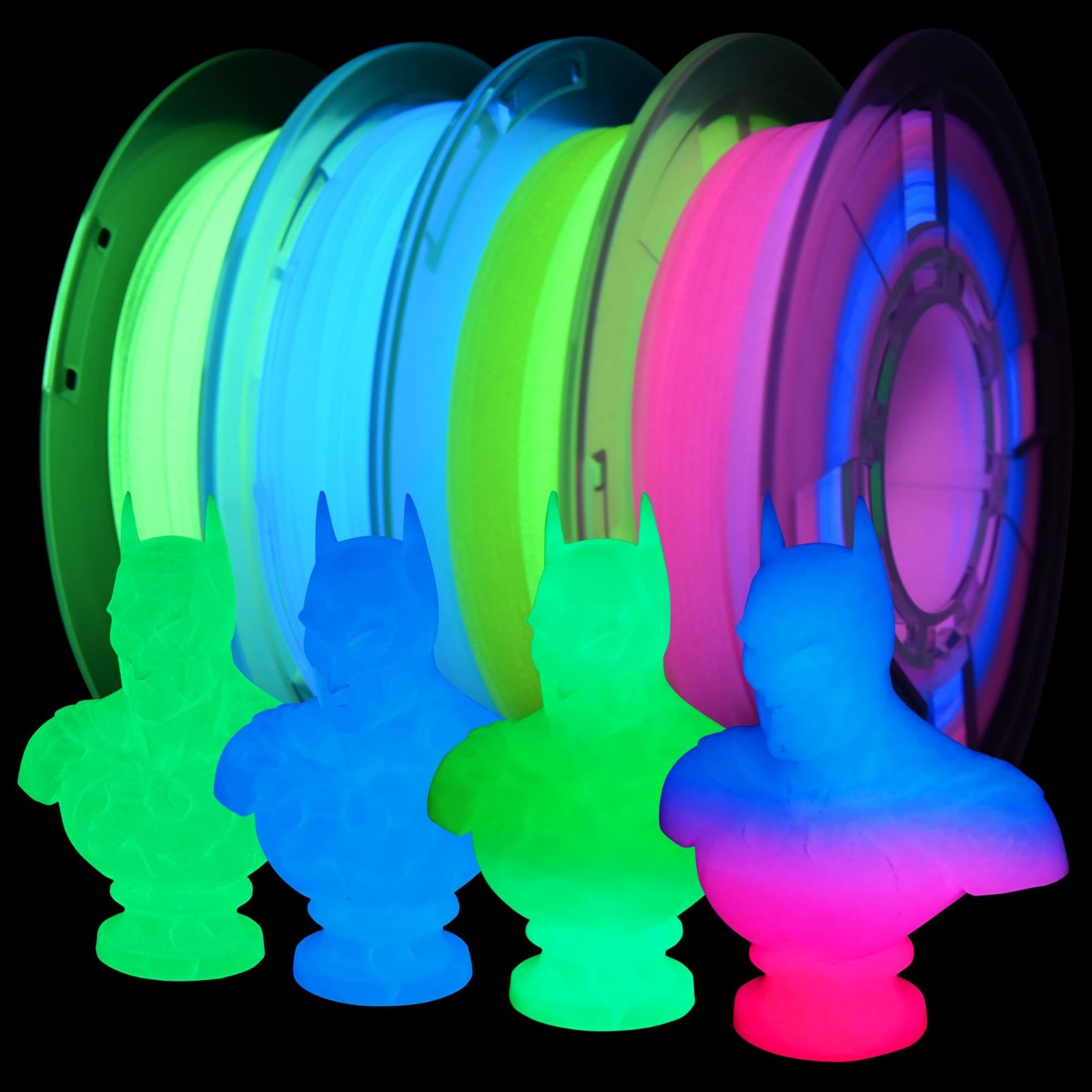 Multicolor Glow in the Dark 3D Printer Filament Bundle - 1.75mm PLA, 4 Spools (2