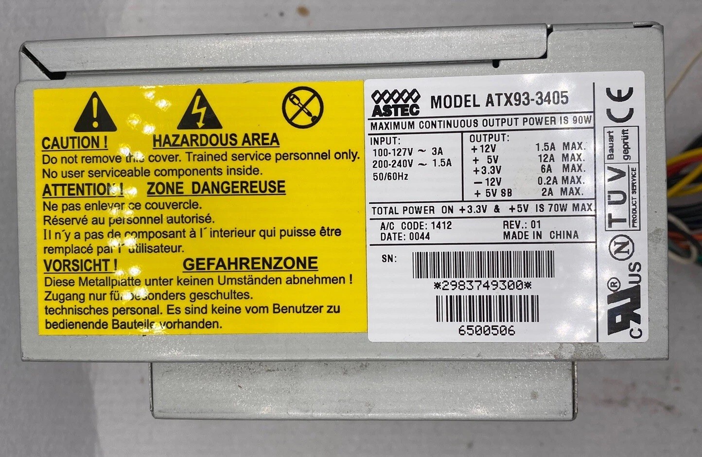 ASTEC ATX93-3405 Gateway 2000 90W Mini ATX Power Supply 6500361